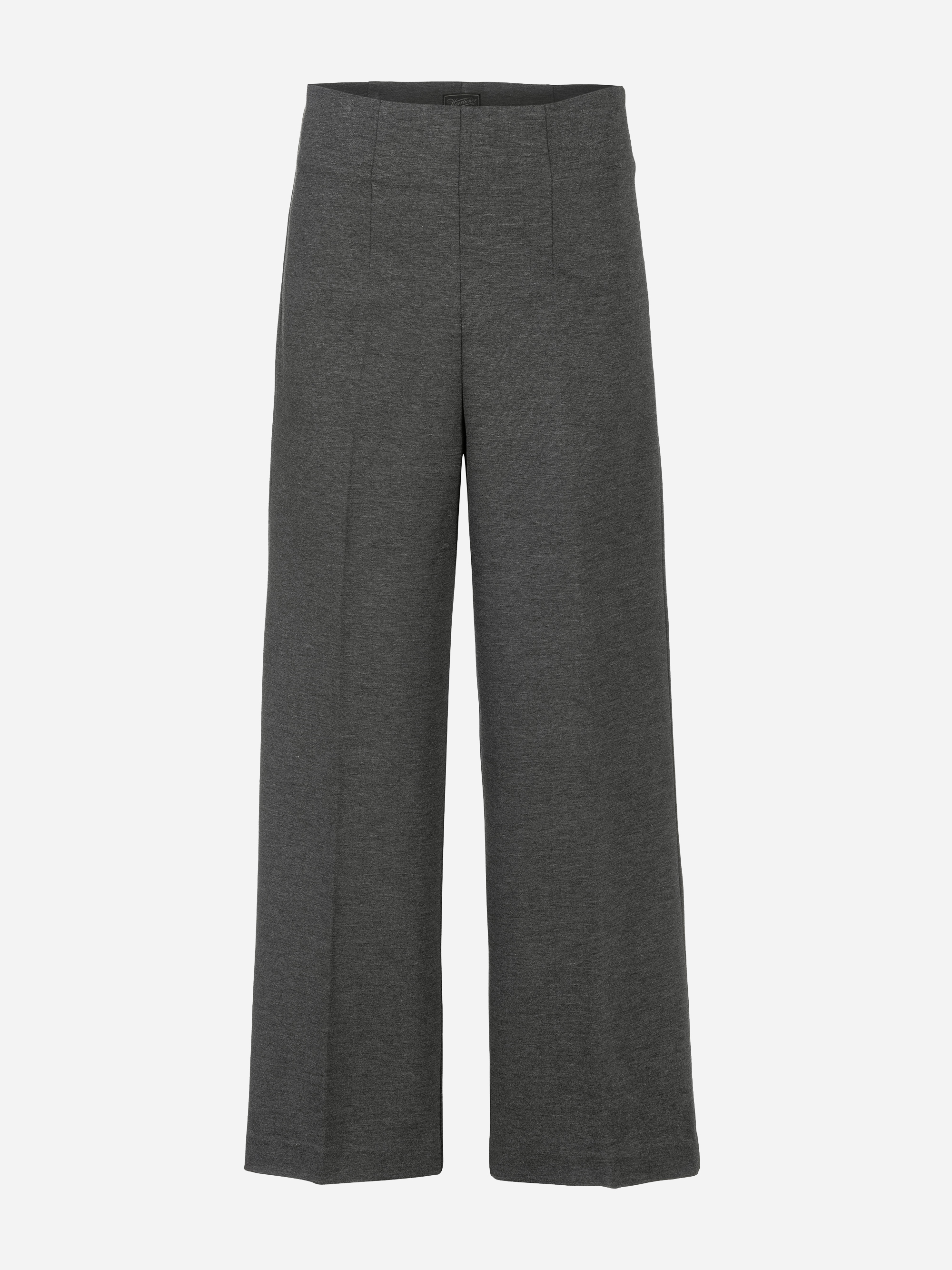 Graue Hose mit weitem Bein und hoher Taille in taillierter Passform, flacher Vorderseite und dezenten Nähten, die an jedem Bein entlang verlaufen, vor einem schlichten weißen Hintergrund.