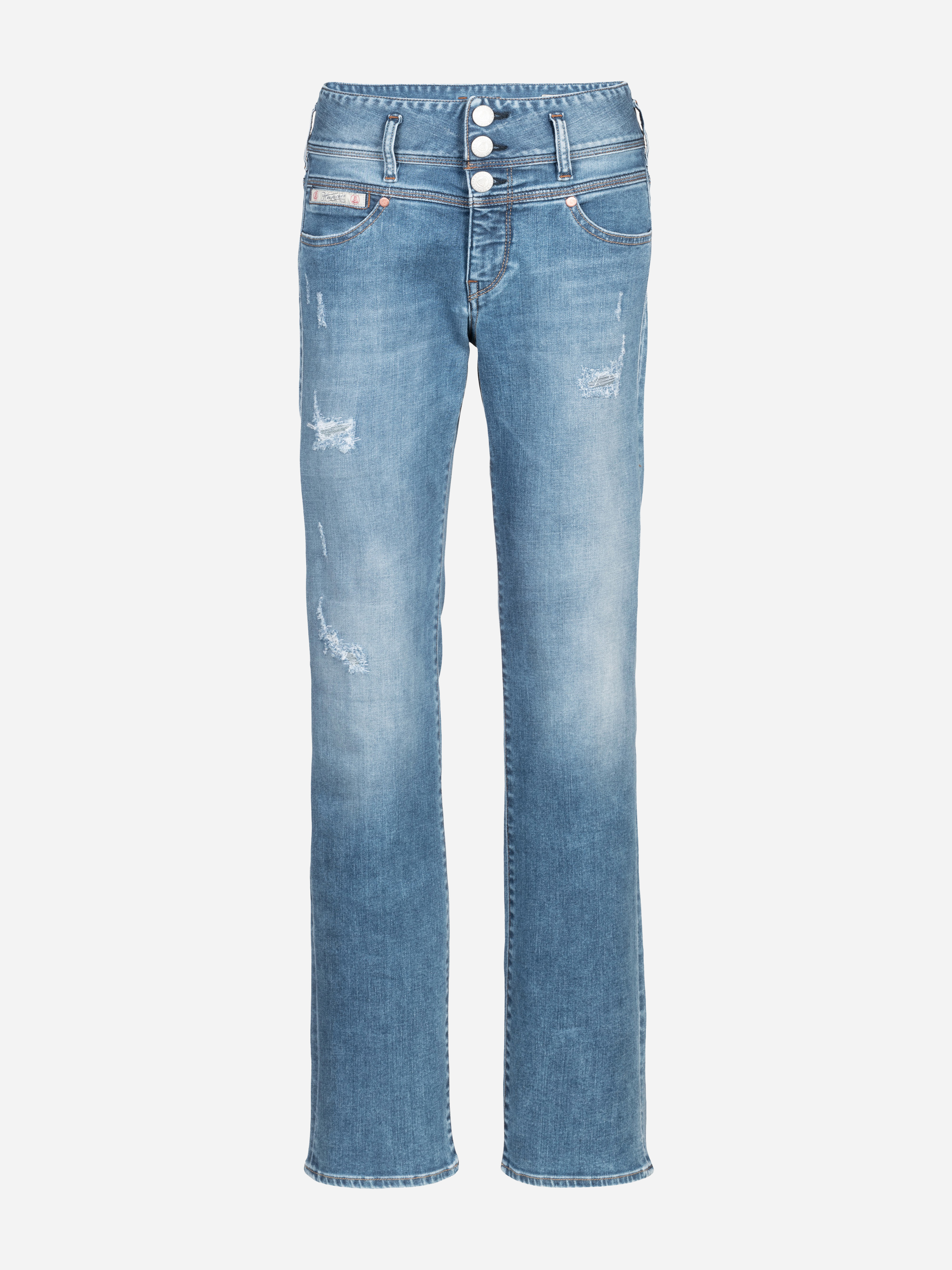 Ein Paar hellblaue Jeans mit hoher Taille, drei Knöpfen vorne, leichten Abnutzungserscheinungen, verblichenen Details und einem geraden Beinschnitt auf weißem Hintergrund.