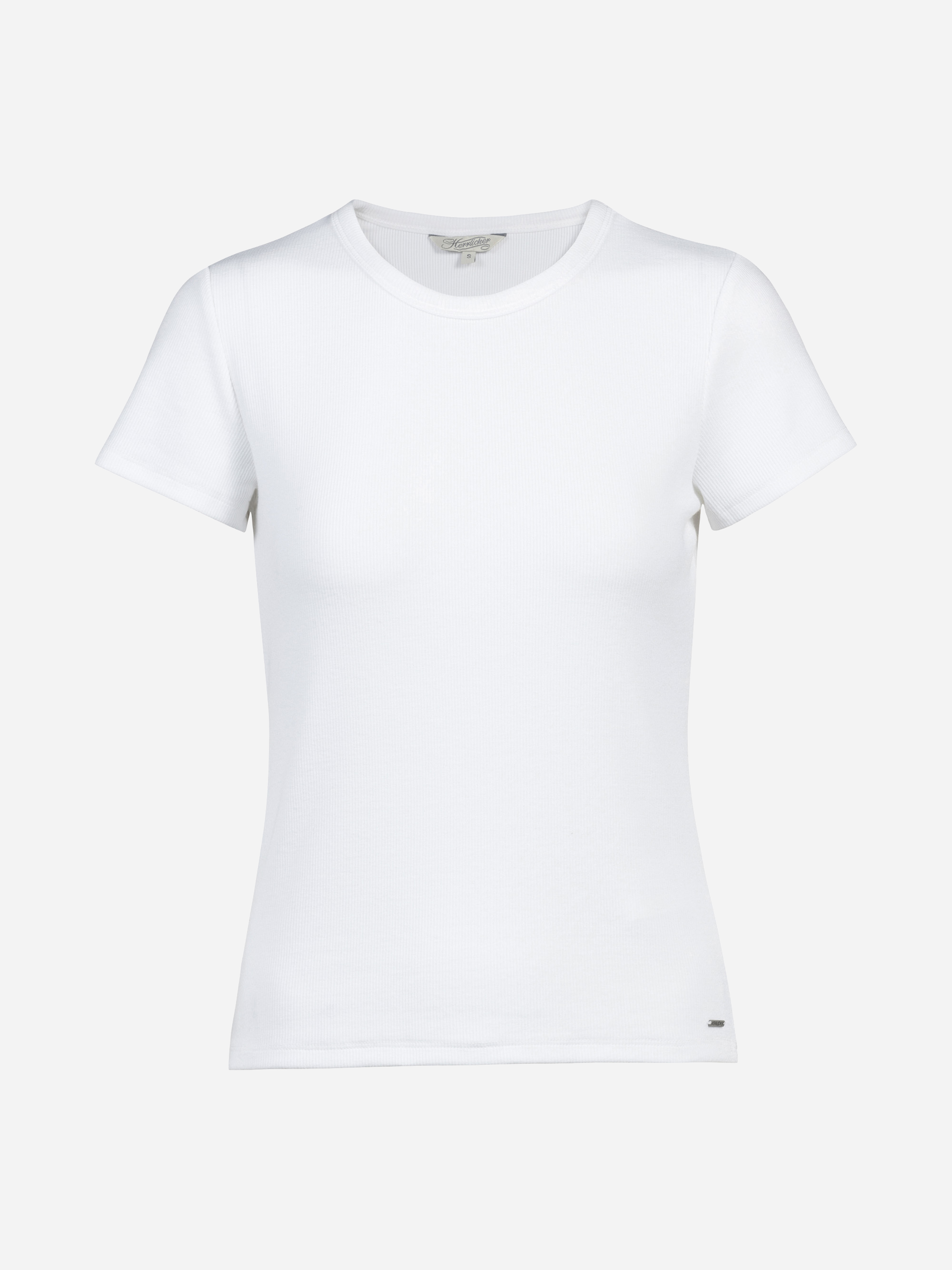 Ein schlichtes, kurzärmeliges, weißes T-Shirt mit Rundhalsausschnitt ist vor einem hellgrauen Hintergrund abgebildet. Das T-Shirt ist schlicht und hat keine sichtbaren Muster oder Grafiken.