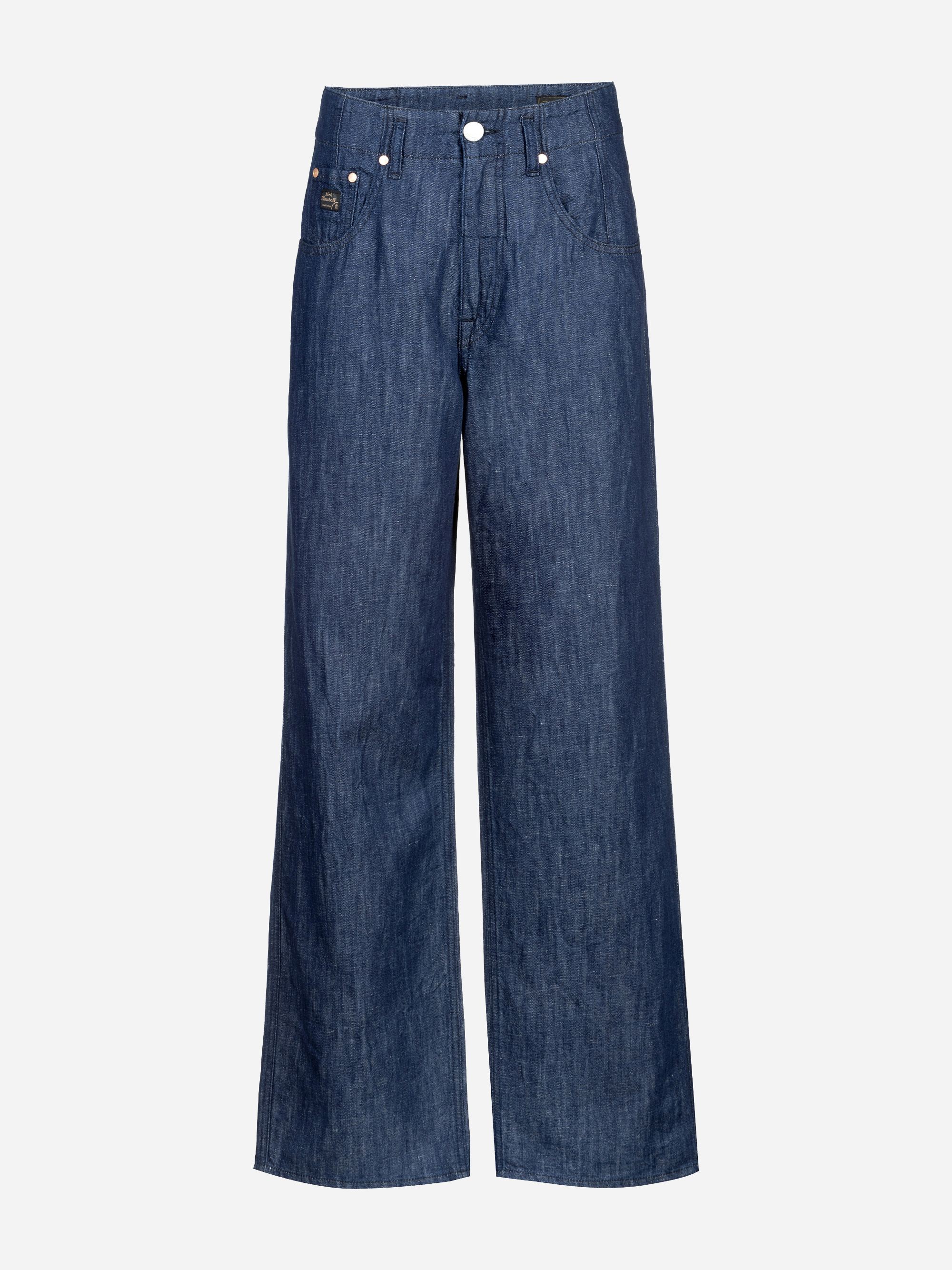 Blaue Denim-Jeans mit weitem Bein, hoher Taille, Knopf- und Reißverschluss an der Vorderseite sowie seitlichen und vorderen Taschen auf einfarbig weißem Hintergrund.