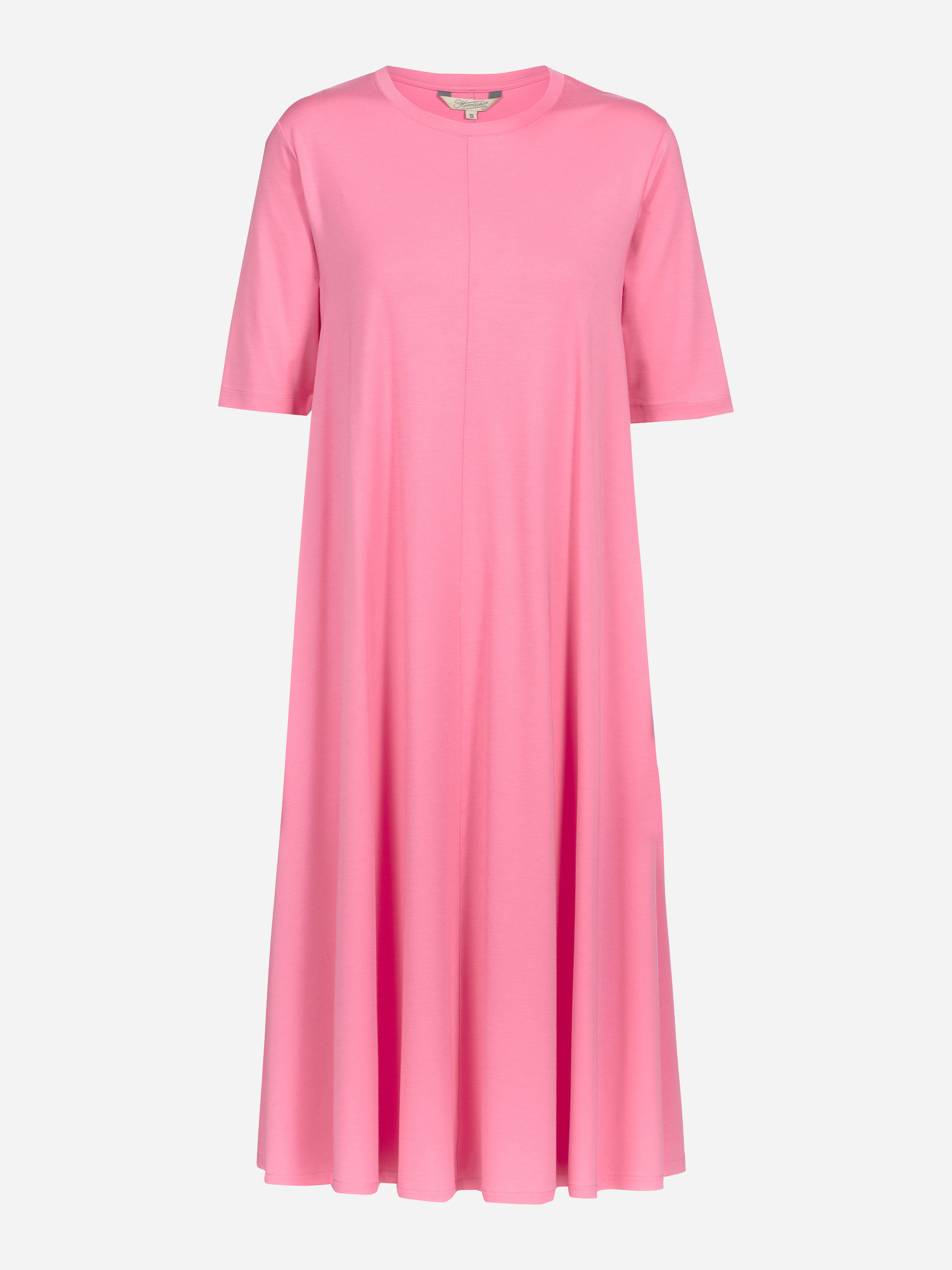 Ein locker sitzendes, knielanges rosafarbenes Kleid mit kurzen Ärmeln und rundem Halsausschnitt, das auf einem schlichten weißen Hintergrund abgebildet ist.
