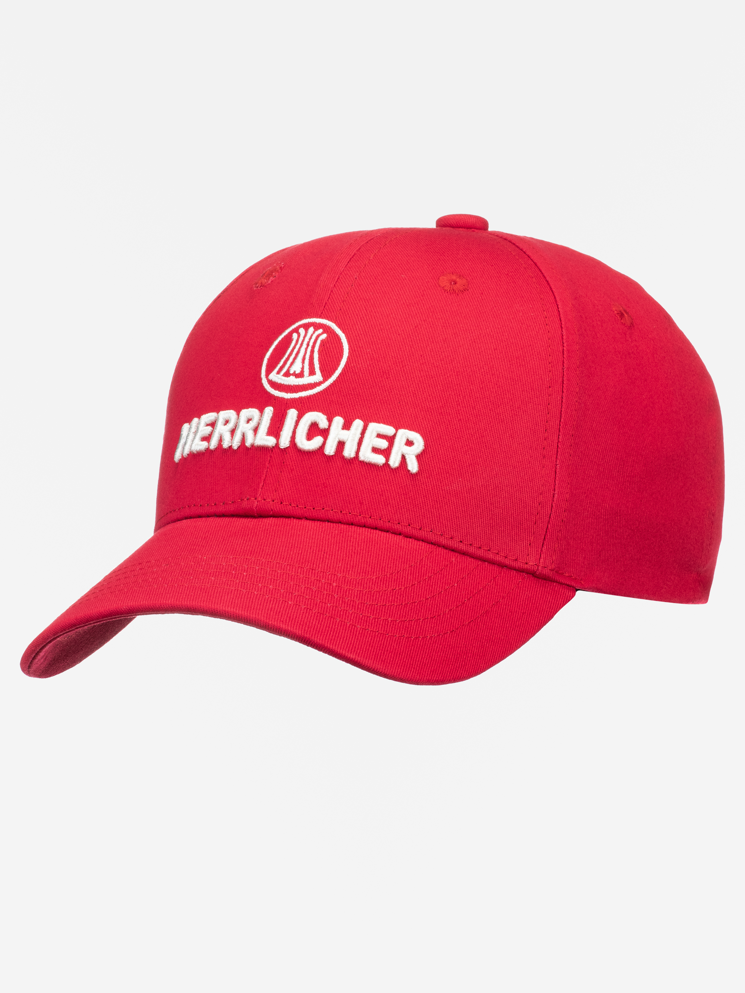 Rote Baseballkappe mit gebogenem Rand und weißer Stickerei mit der Aufschrift HERRENLICHER sowie einem runden Logo über dem Text auf der Vorderseite. Der Hintergrund ist einfarbig weiß.