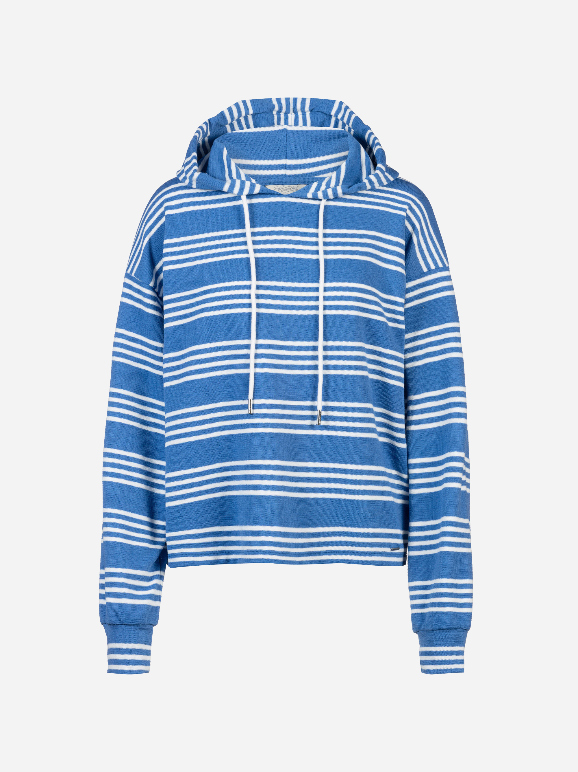 Blauer Kapuzenpulli mit weißen Querstreifen, einer Tasche auf der Vorderseite, langen Ärmeln mit Bündchen und weißen Kordelzügen an der Kapuze auf einfarbig weißem Hintergrund.