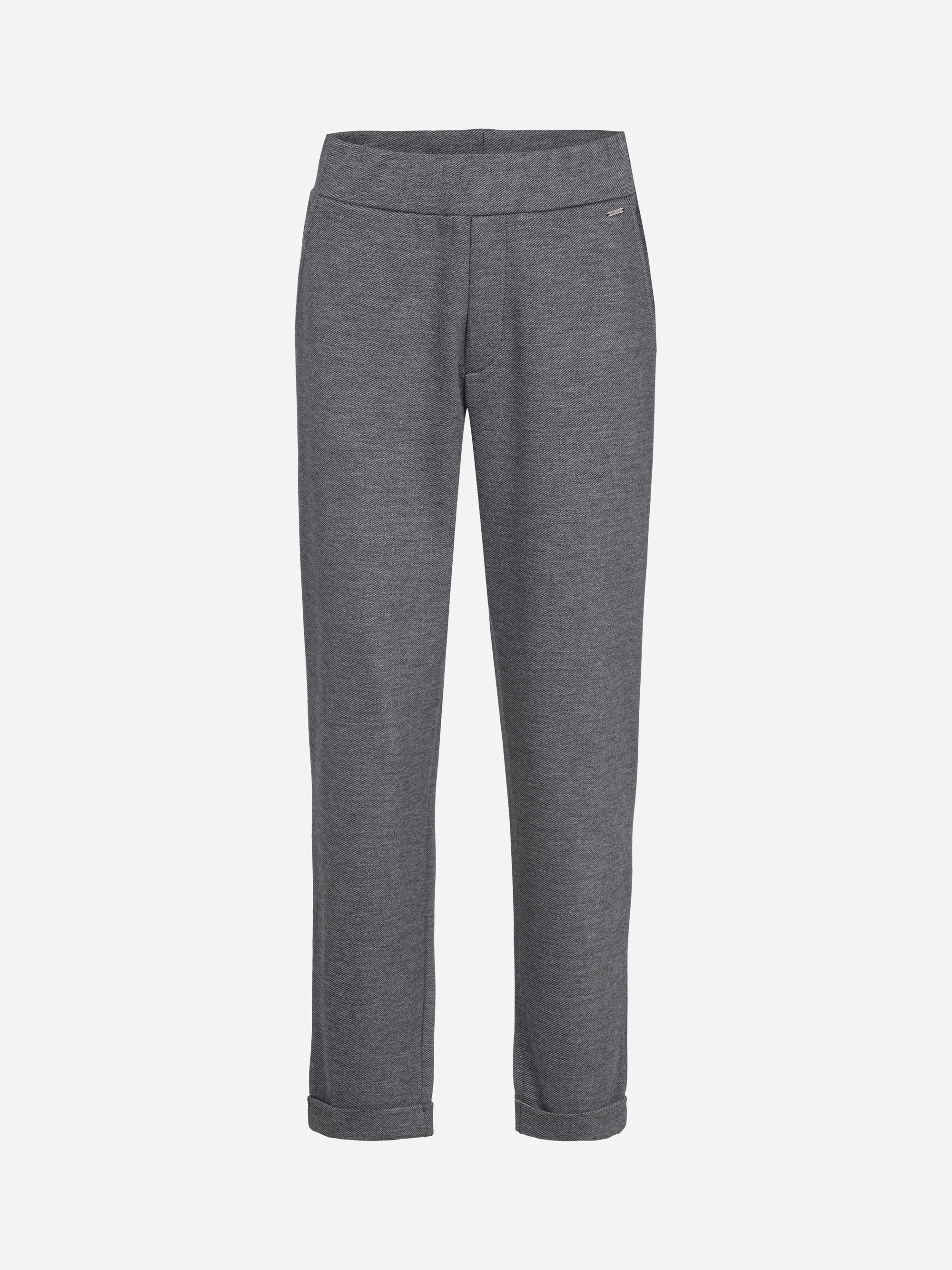 Graue Damenhose mit geradem Bein, mittlerer Leibhöhe, elastischem Bund und aufgerollten Bündchen auf weißem Hintergrund.