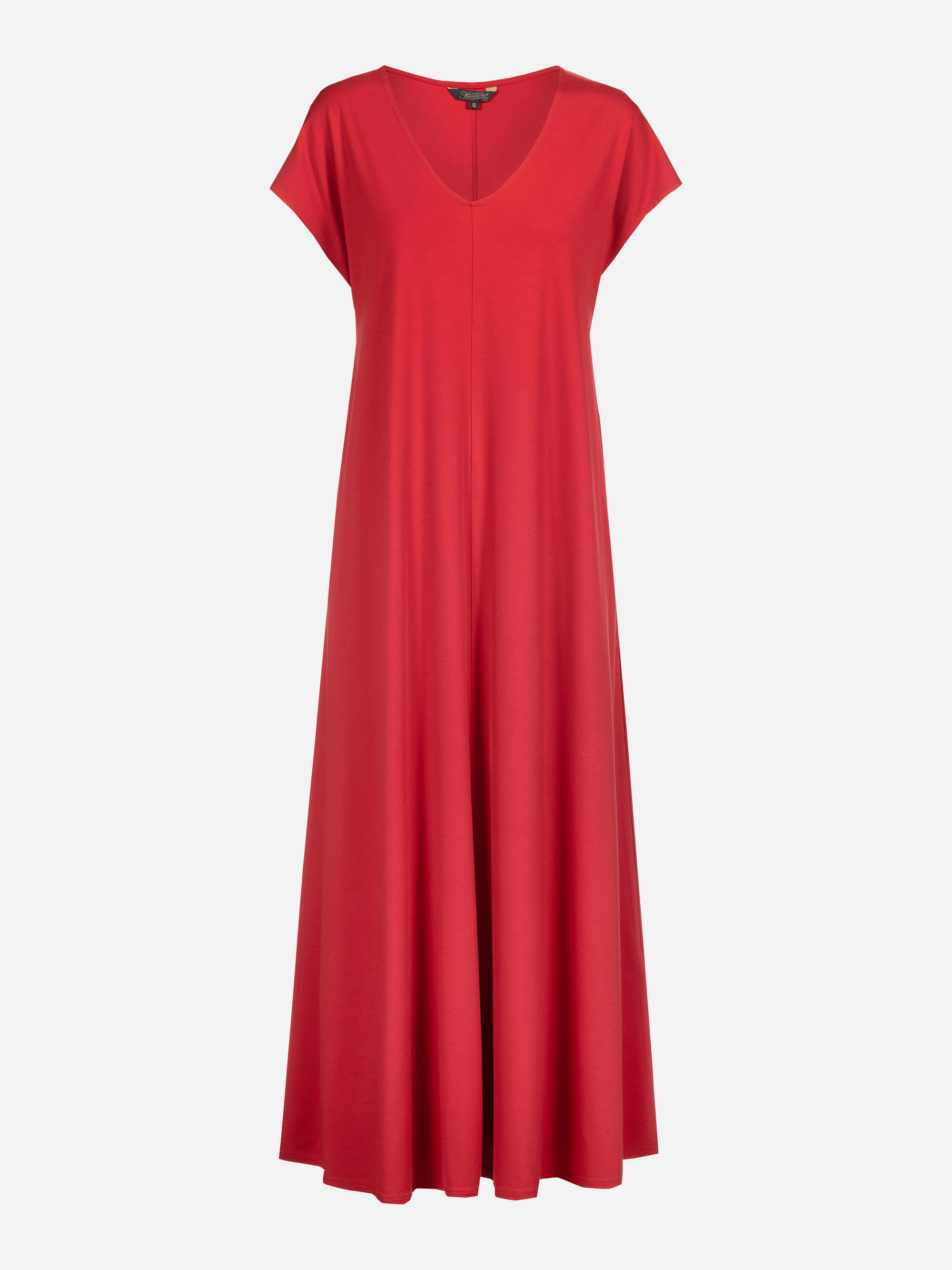 Ein langes, fließendes rotes Kleid mit kurzen Ärmeln und V-Ausschnitt, das vor einem schlichten weißen Hintergrund gezeigt wird.