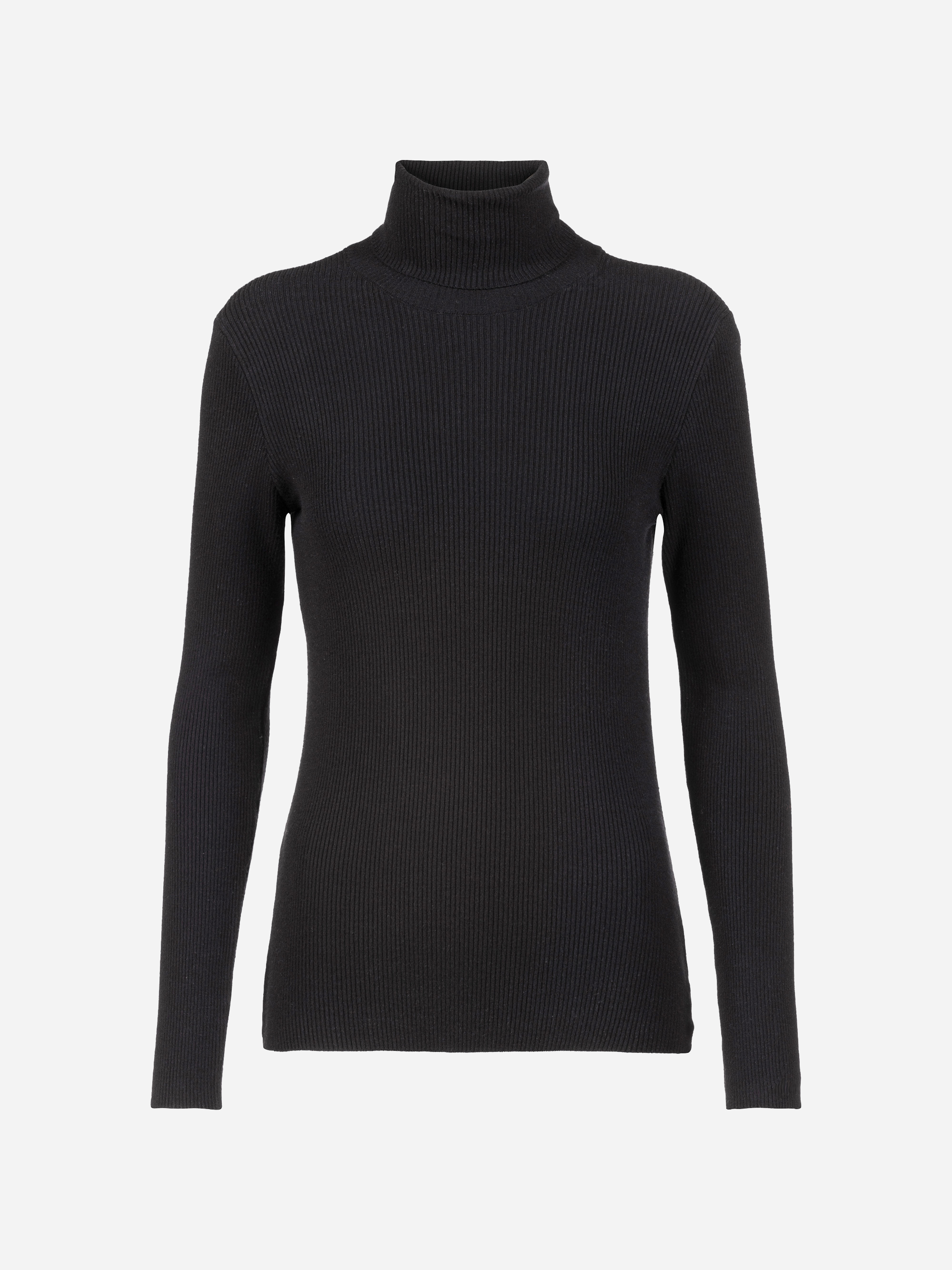 Ein schlichter schwarzer, langärmeliger, gerippter Rollkragenpullover ist auf weißem Hintergrund abgebildet.