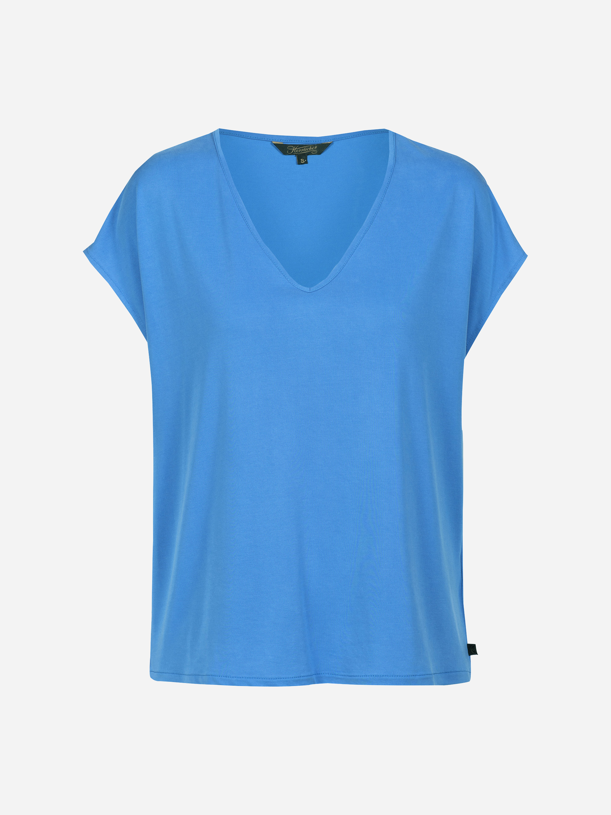 Ein einfarbig blaues Kurzarm-T-Shirt mit V-Ausschnitt ist vor einem weißen Hintergrund abgebildet.