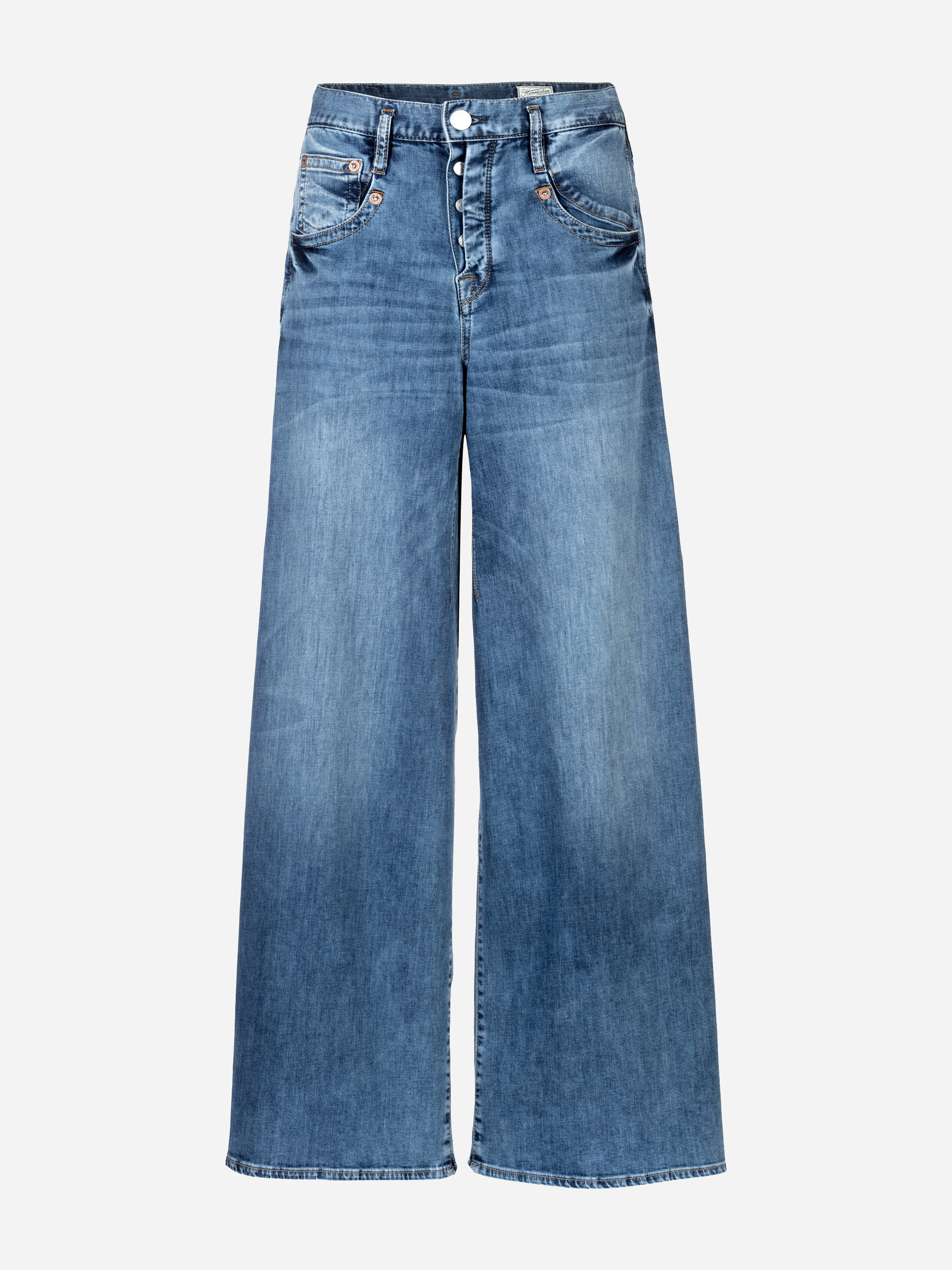Blaue Denim-Jeans mit weitem Bein, hoher Taille, Knopf- und Reißverschluss, Vorder- und Gesäßtaschen und einer leicht verblichenen Waschung. Die Jeans ist auf einem schlichten weißen Hintergrund abgebildet.