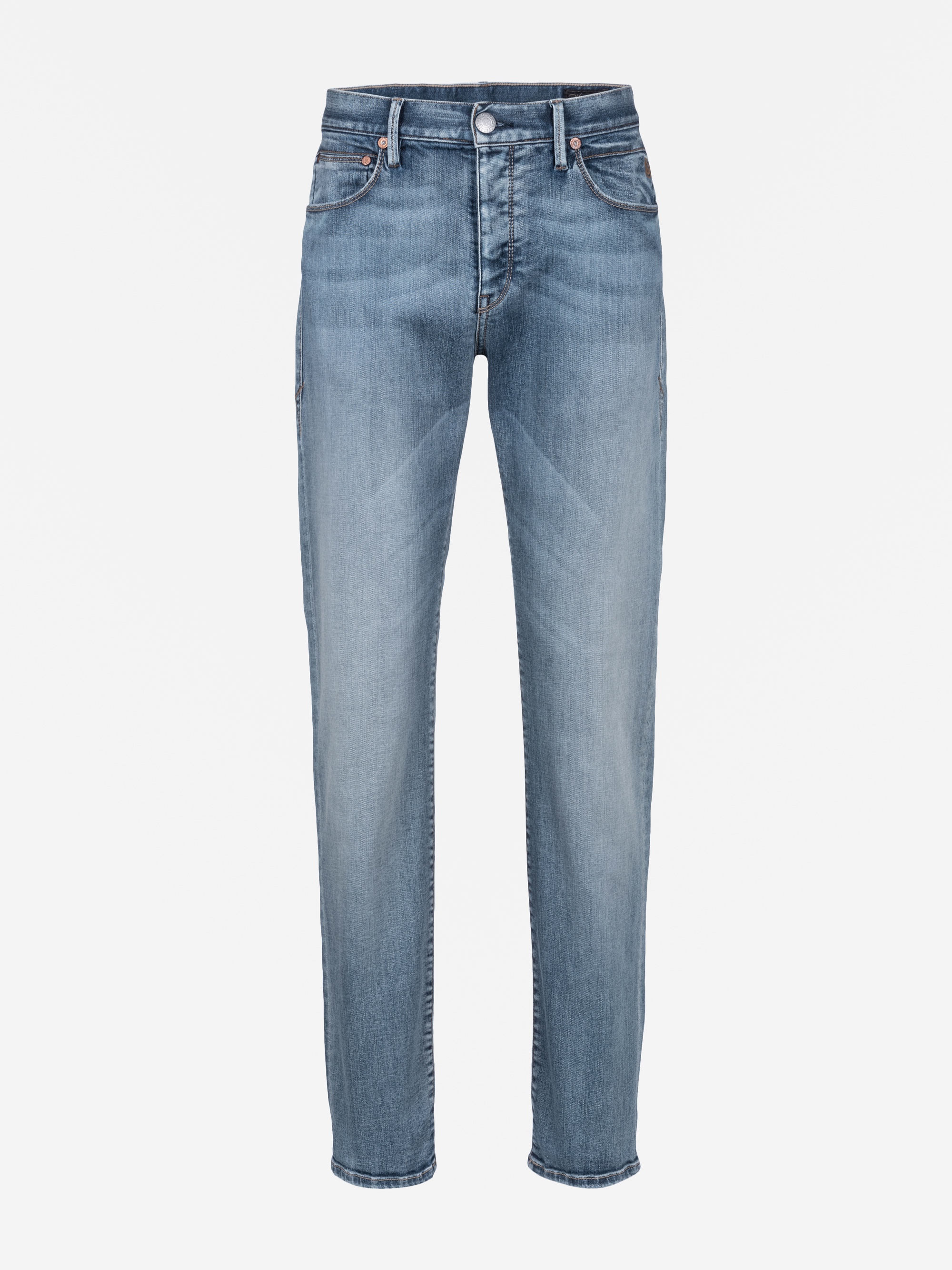 Hellblaue Denim-Jeans mit geradem Bein, Knopf- und Reißverschluss, Vorder- und Gesäßtaschen und dezentem Fading an den Oberschenkeln.