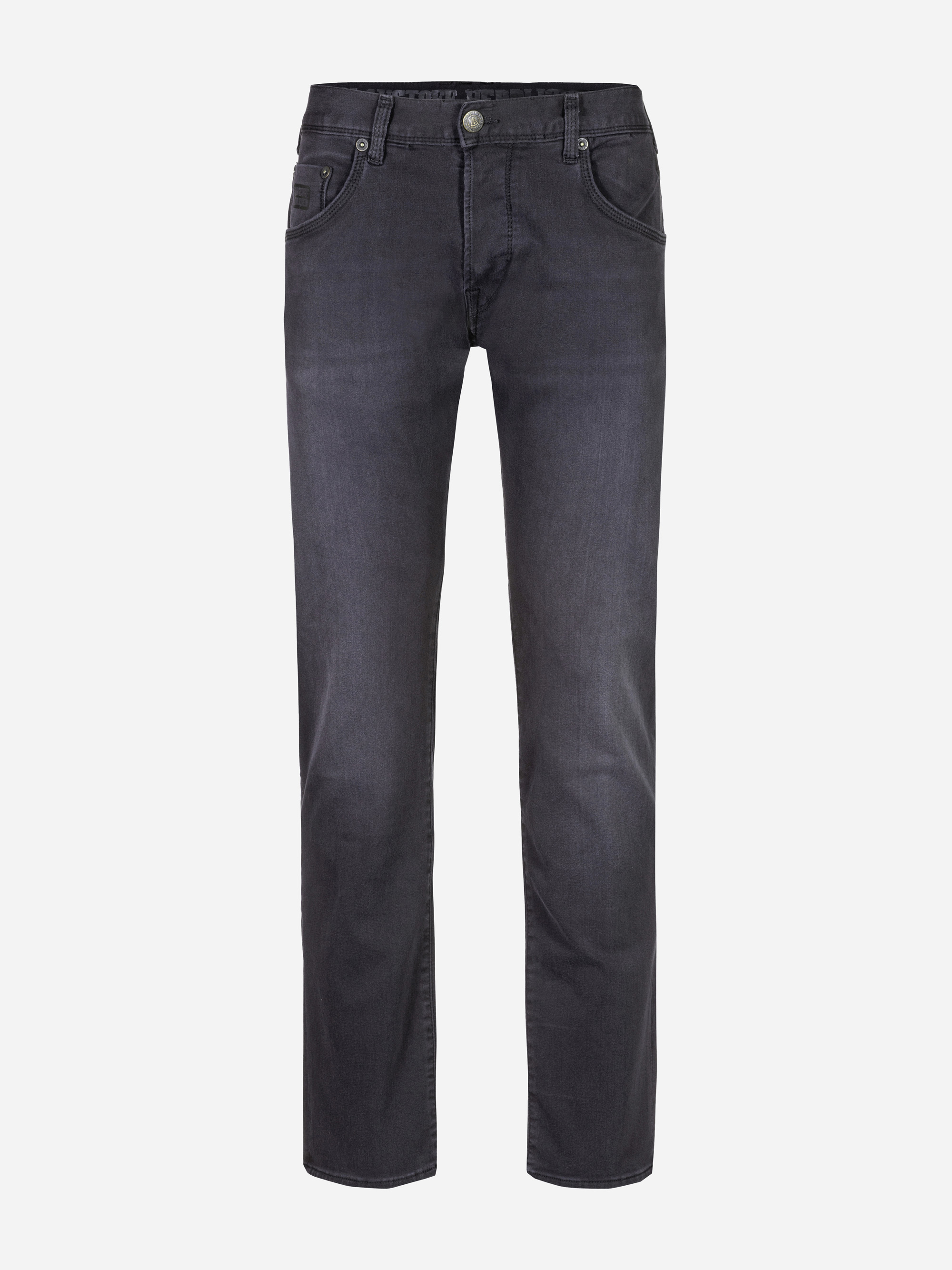 Schwarze Denim-Jeans mit geradem Bein, Five-Pocket-Design und Knopfverschluss auf einem schlichten weißen Hintergrund.