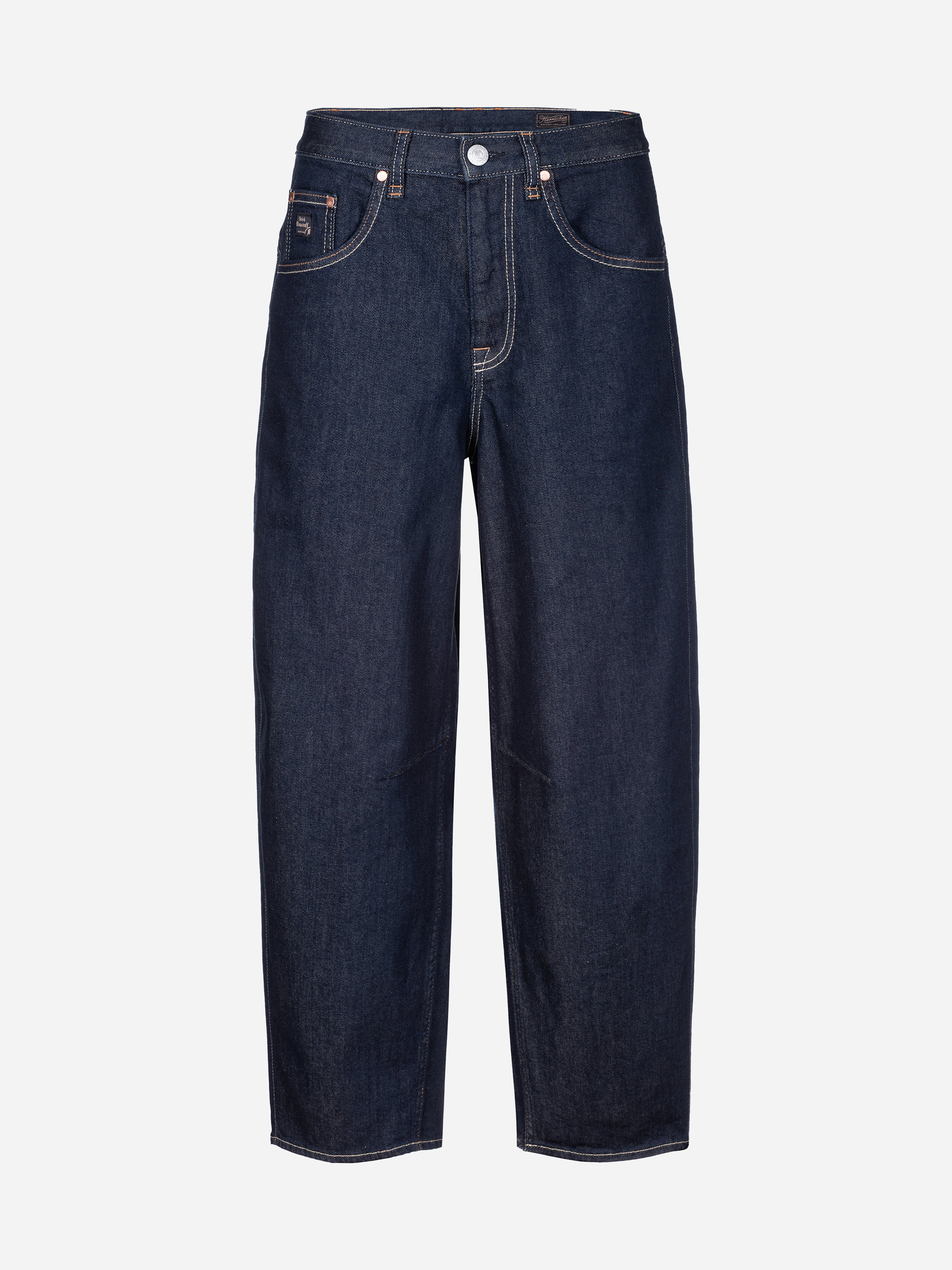 Ein Paar dunkelblaue Denim-Jeans mit hoher Taille, geradem Bein, Vorder- und Gesäßtaschen und Kontrastnähten auf weißem Hintergrund.