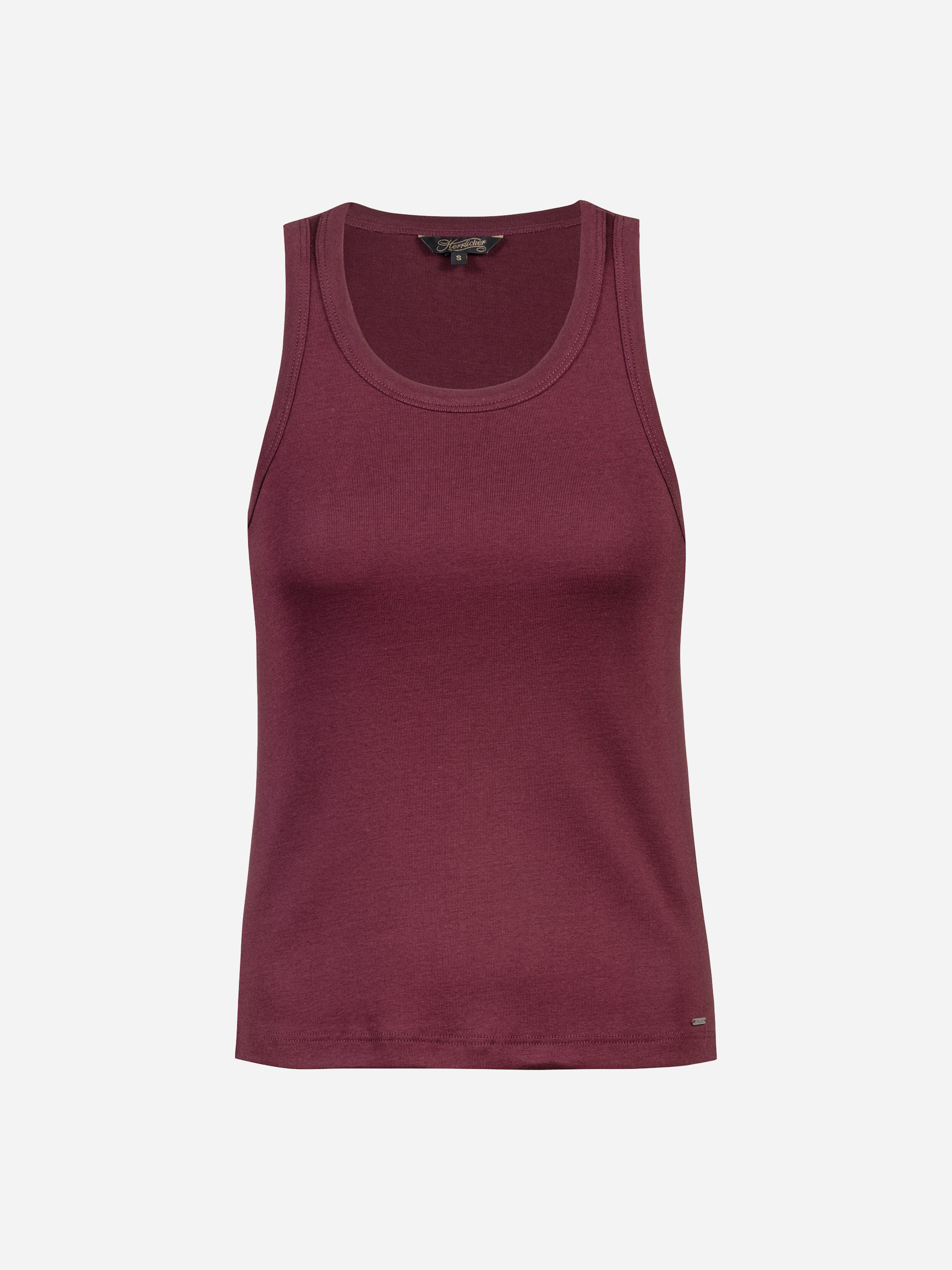 Ein ärmelloses, kastanienbraunes Tank-Top mit rundem Halsausschnitt auf weißem Hintergrund.