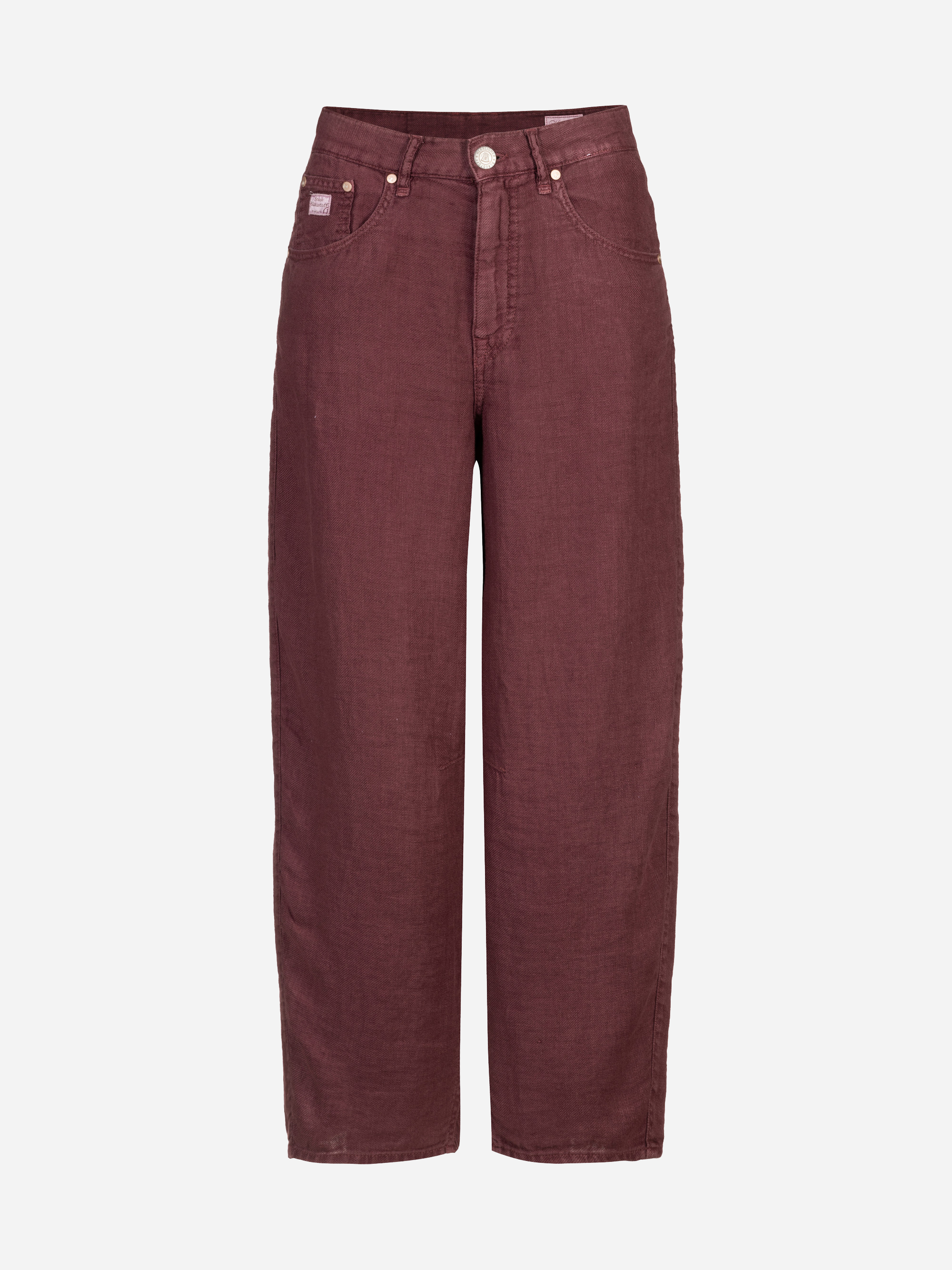 Kastanienbraune Hose mit weitem Bein und hoher Taille, mit Vordertaschen und Knopfverschluss, auf weißem Hintergrund.