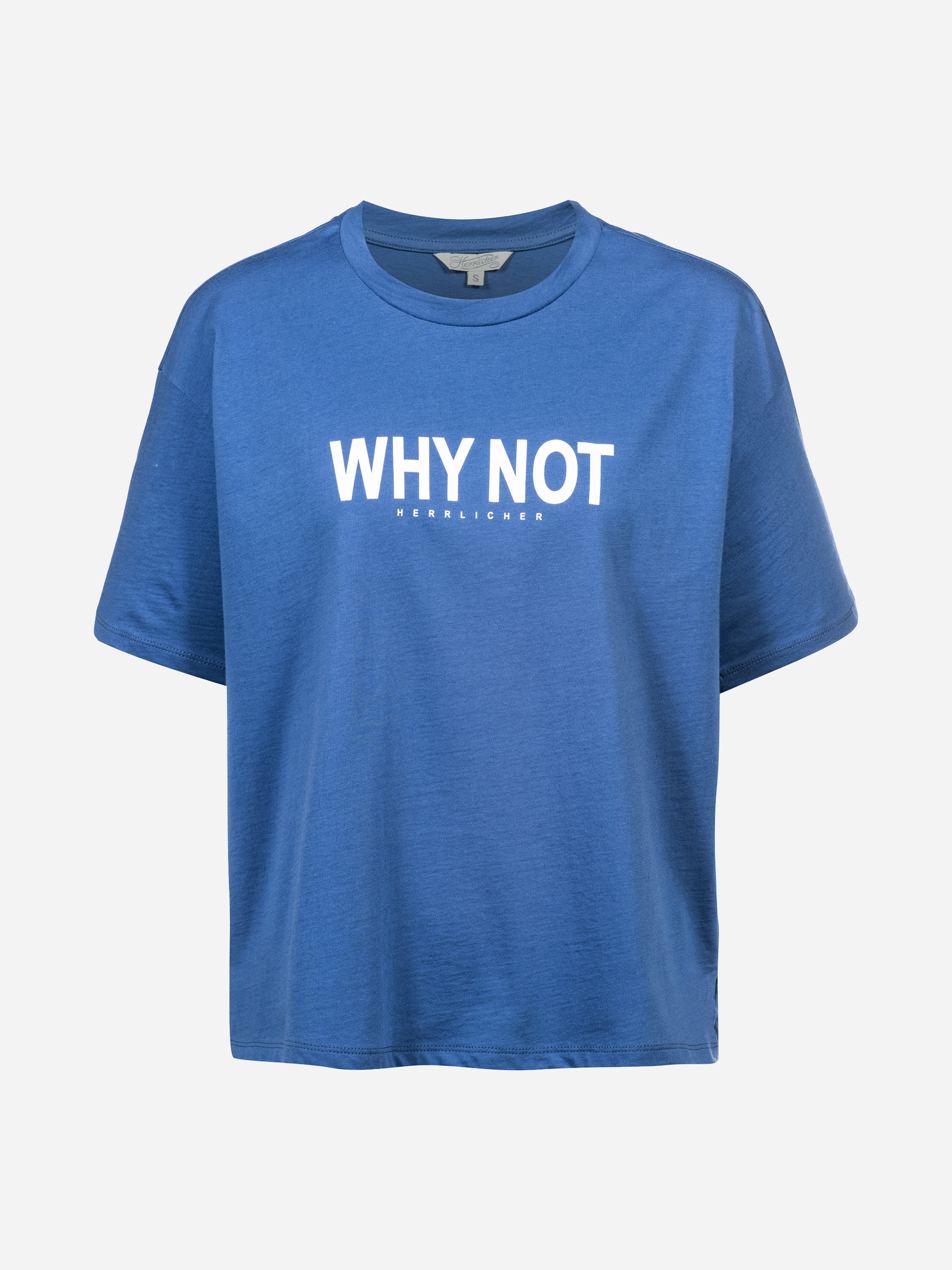 Blaues Kurzarm-T-Shirt mit dem Schriftzug WHY NOT in fetten weißen Buchstaben und kleinerem Schriftzug HERZLICHER darunter auf einem schlichten weißen Hintergrund.