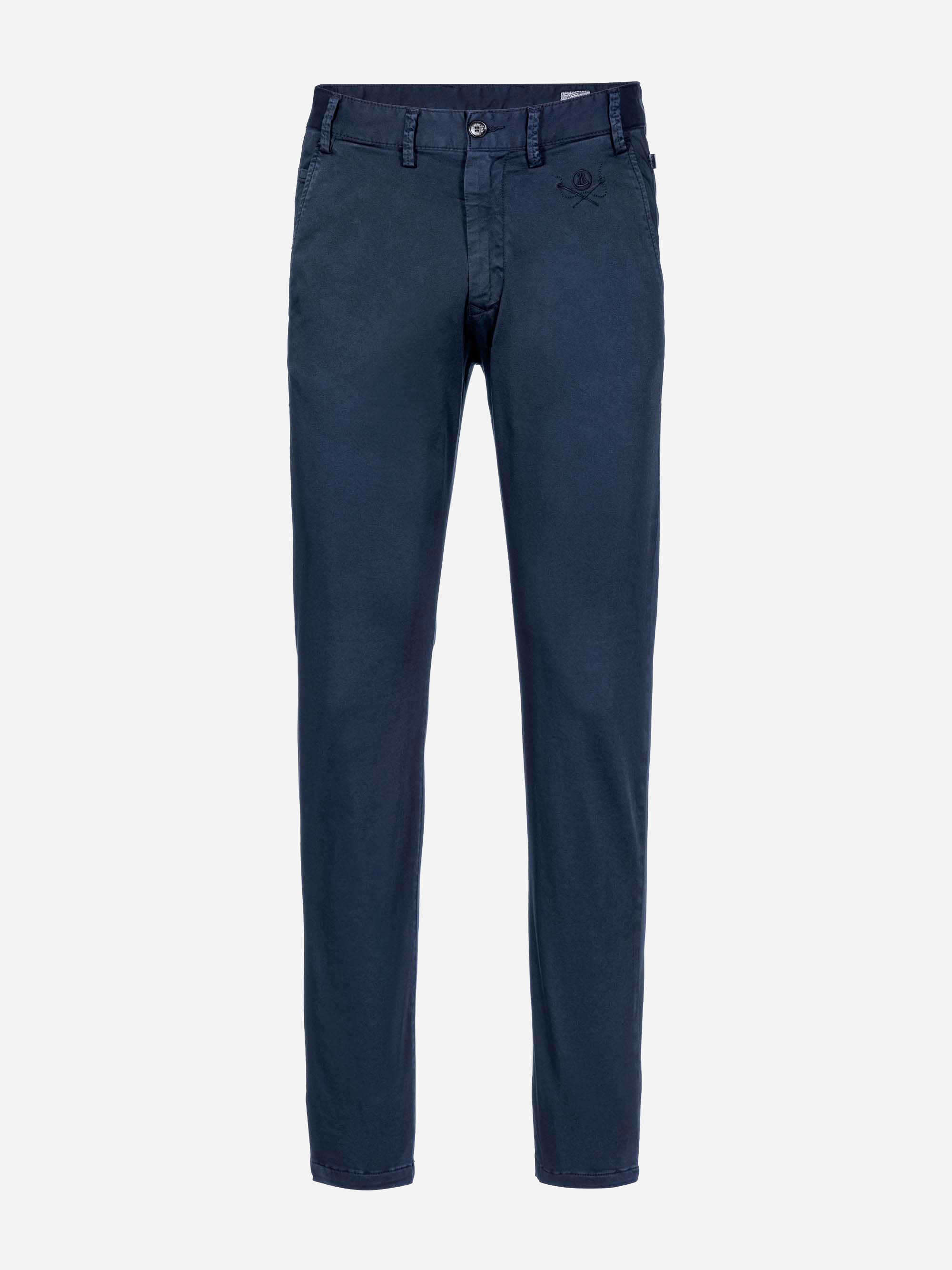 Dunkelblaue Slim-Fit-Hose mit Gürtelschlaufen, Seitentaschen und einem kleinen aufgestickten Totenkopf auf der rechten Tasche vor einem schlichten weißen Hintergrund.