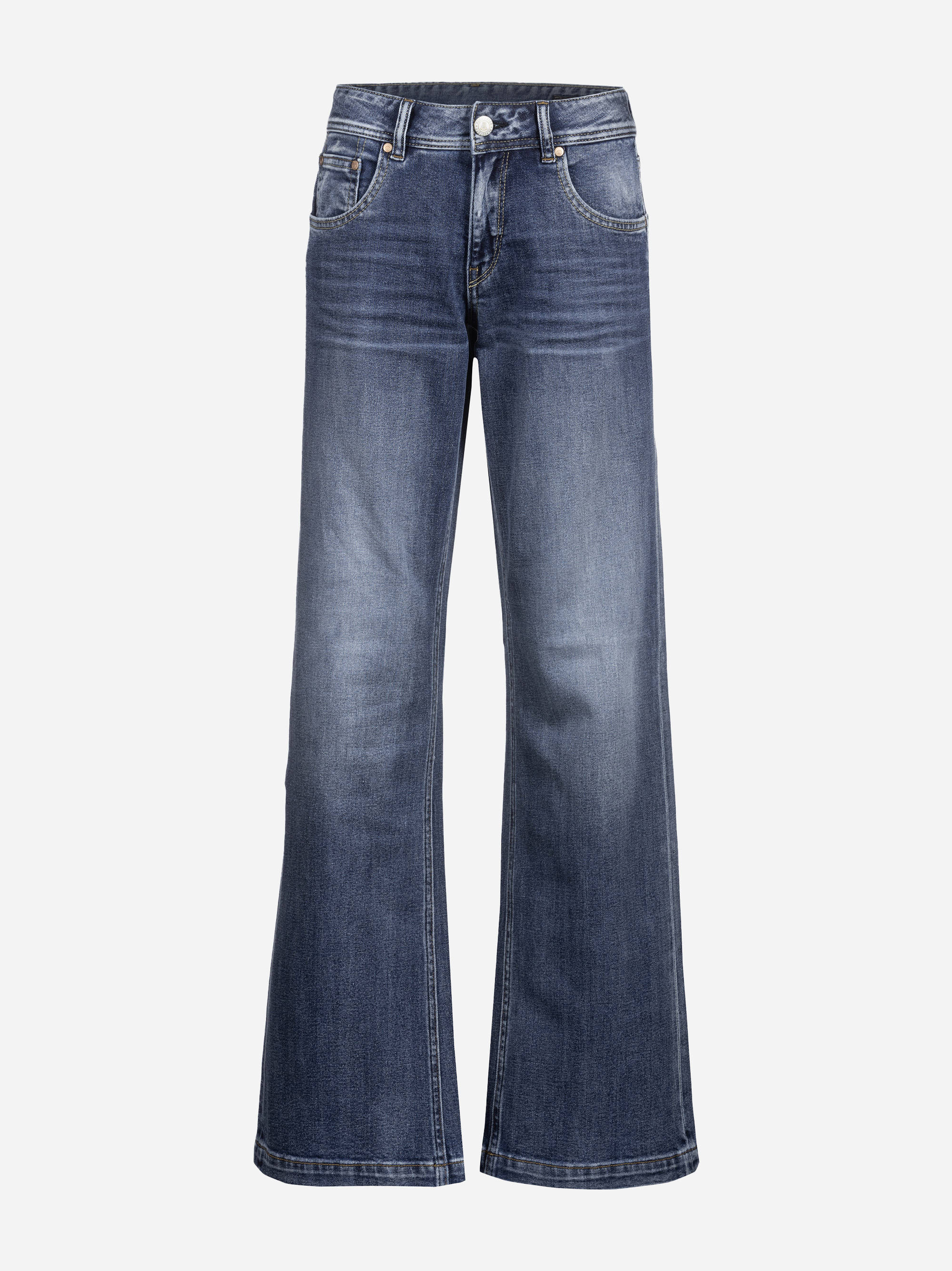 Ein Paar blaue Jeans mit weitem Bein, hoher Taille, Vorder- und Gesäßtaschen und leichten Ausbleichungen an den Oberschenkeln, dargestellt auf einem schlichten weißen Hintergrund.
