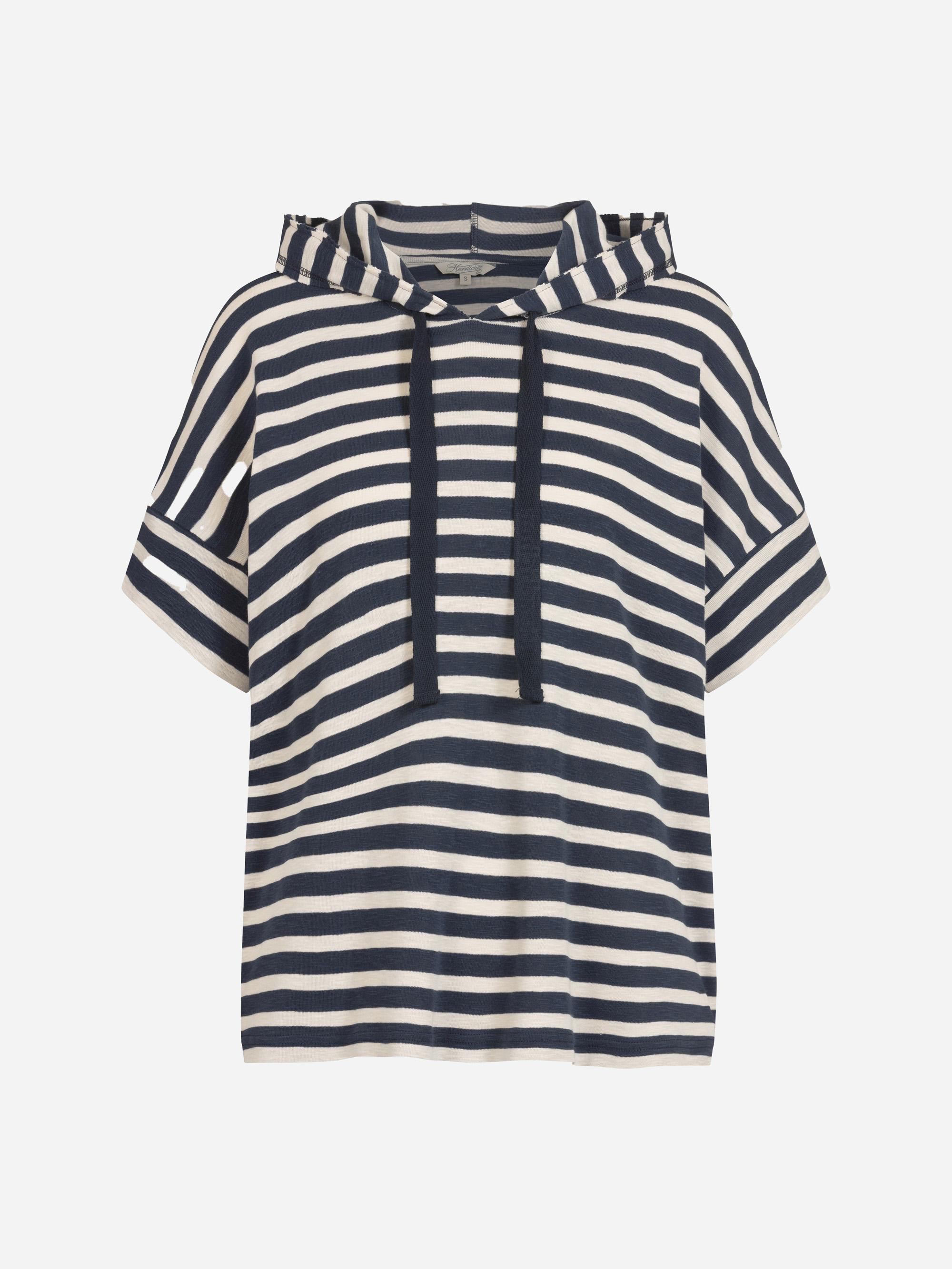 Kurzärmeliger Kapuzenpullover mit marineblauen und weißen Querstreifen. Der Kapuzenpulli hat einen Kordelzug und eine lockere Passform, die auf einem schlichten weißen Hintergrund dargestellt wird.