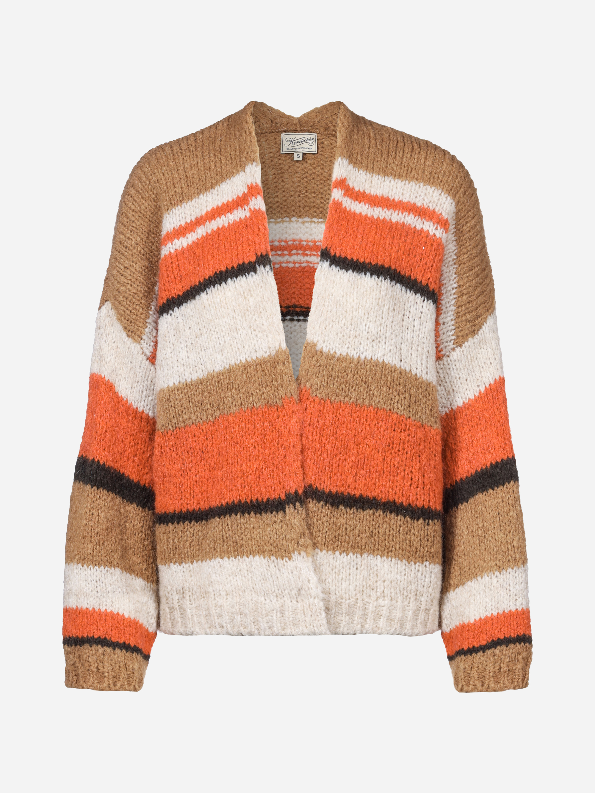 Eine grob gestrickte Strickjacke mit breiten Querstreifen in Hellbraun, Orange, Weiß und Braun, mit tiefem V-Ausschnitt und langen Ärmeln.