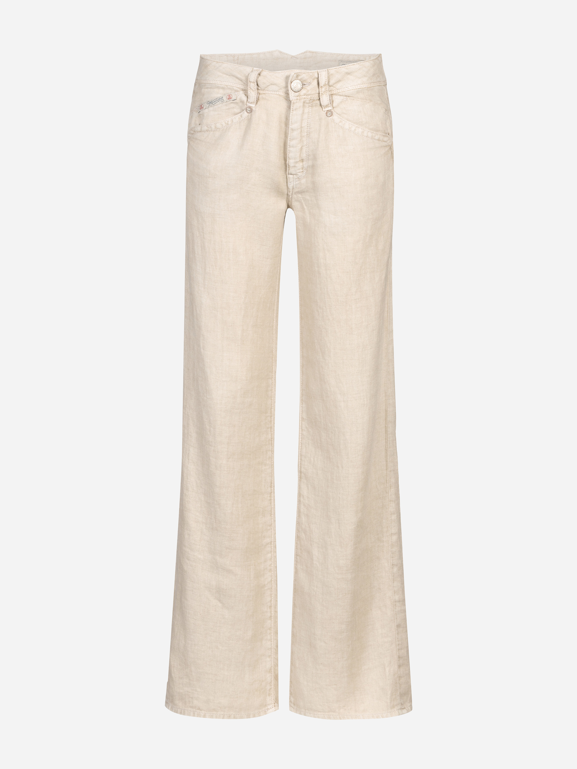 Beigefarbene Leinenhose mit weitem Bein, mittelhoher Taille, Knopf- und Reißverschluss an der Vorderseite und klassischem Five-Pocket-Design auf einfarbigem weißem Hintergrund.