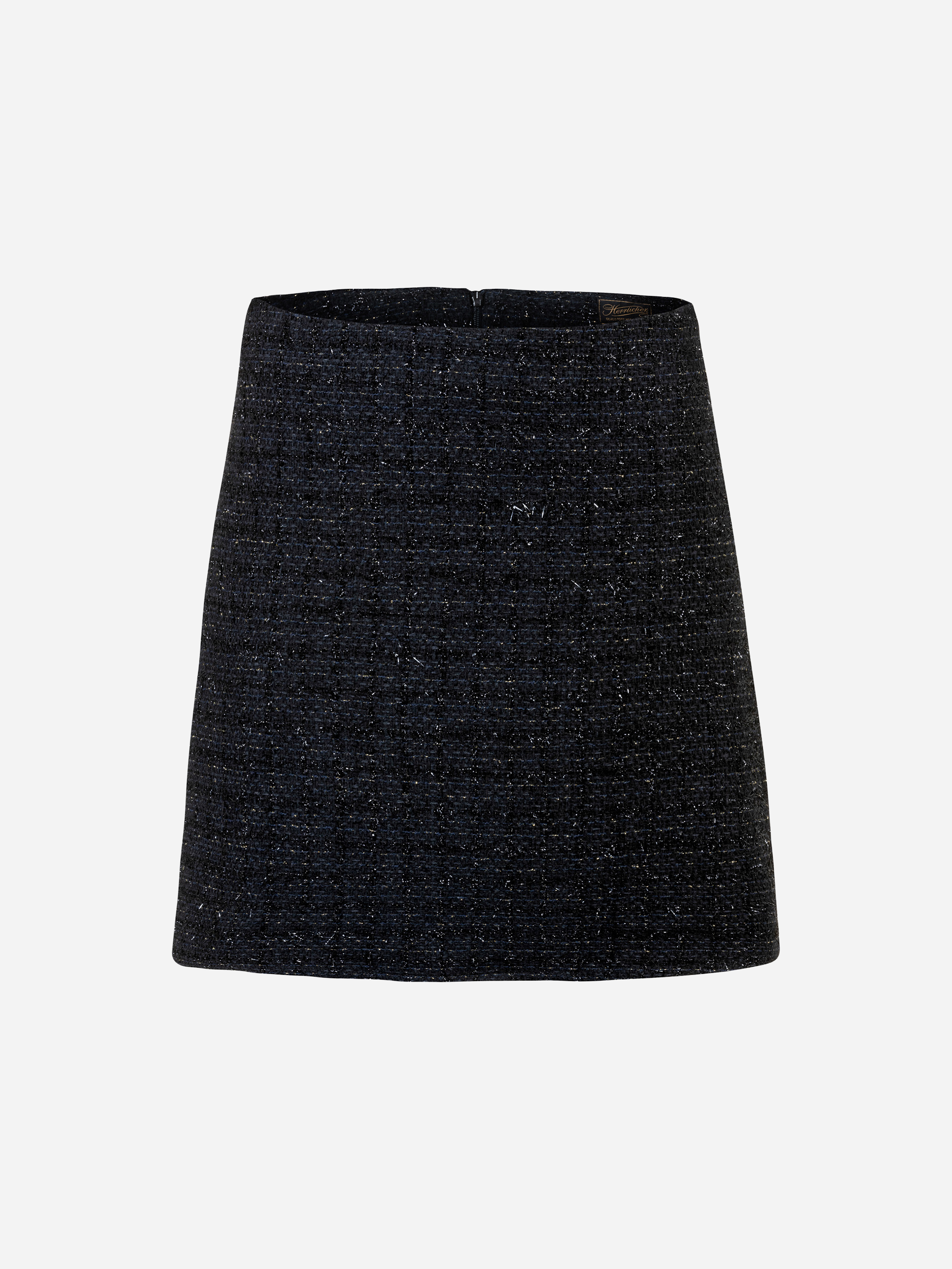 Ein dunkelnavyblauer Tweed-Minirock mit einfachem, geradem Schnitt, der vor einem schlichten weißen Hintergrund gezeigt wird.