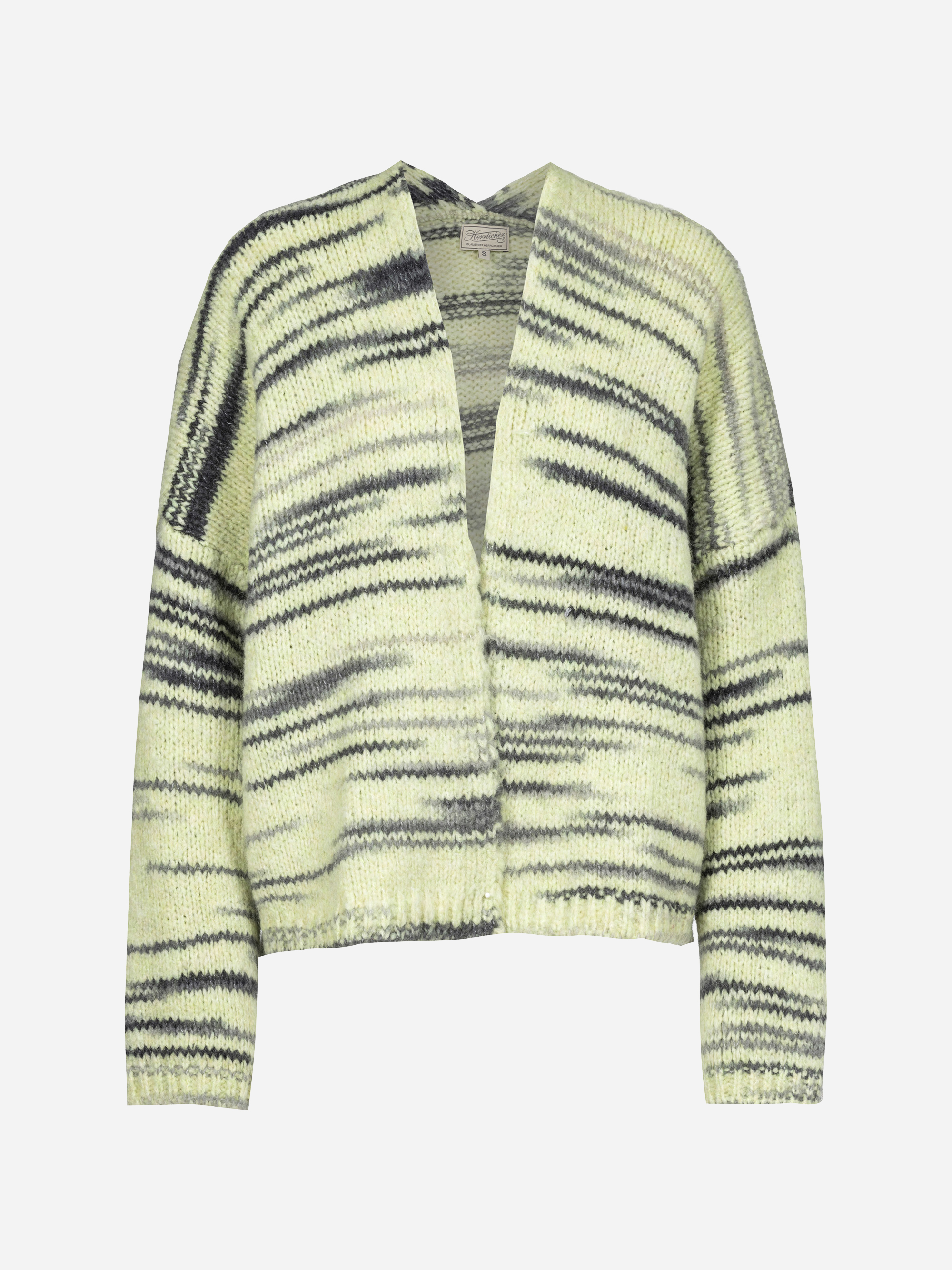 Strickjacke mit offener Vorderseite und einem Muster aus schwarzen und grauen Querstreifen auf einem hellgelb-grünen Hintergrund. Die Strickjacke hat lange Ärmel und eine lockere Passform.