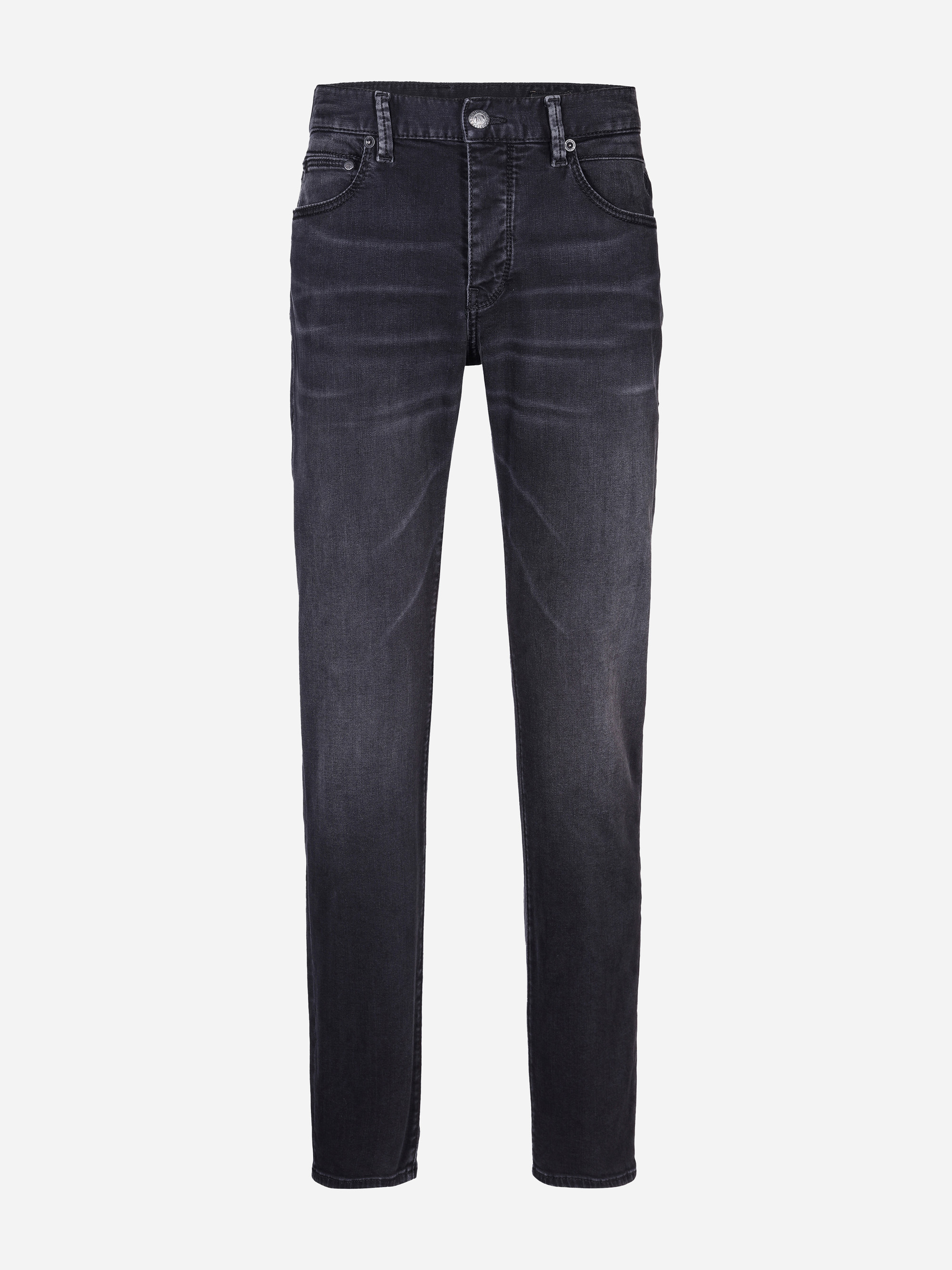 Schwarze Denim-Jeans mit schmaler Passform, Five-Pocket-Design und dezenten verblichenen Details an den Oberschenkeln und Knien vor einem schlichten weißen Hintergrund.