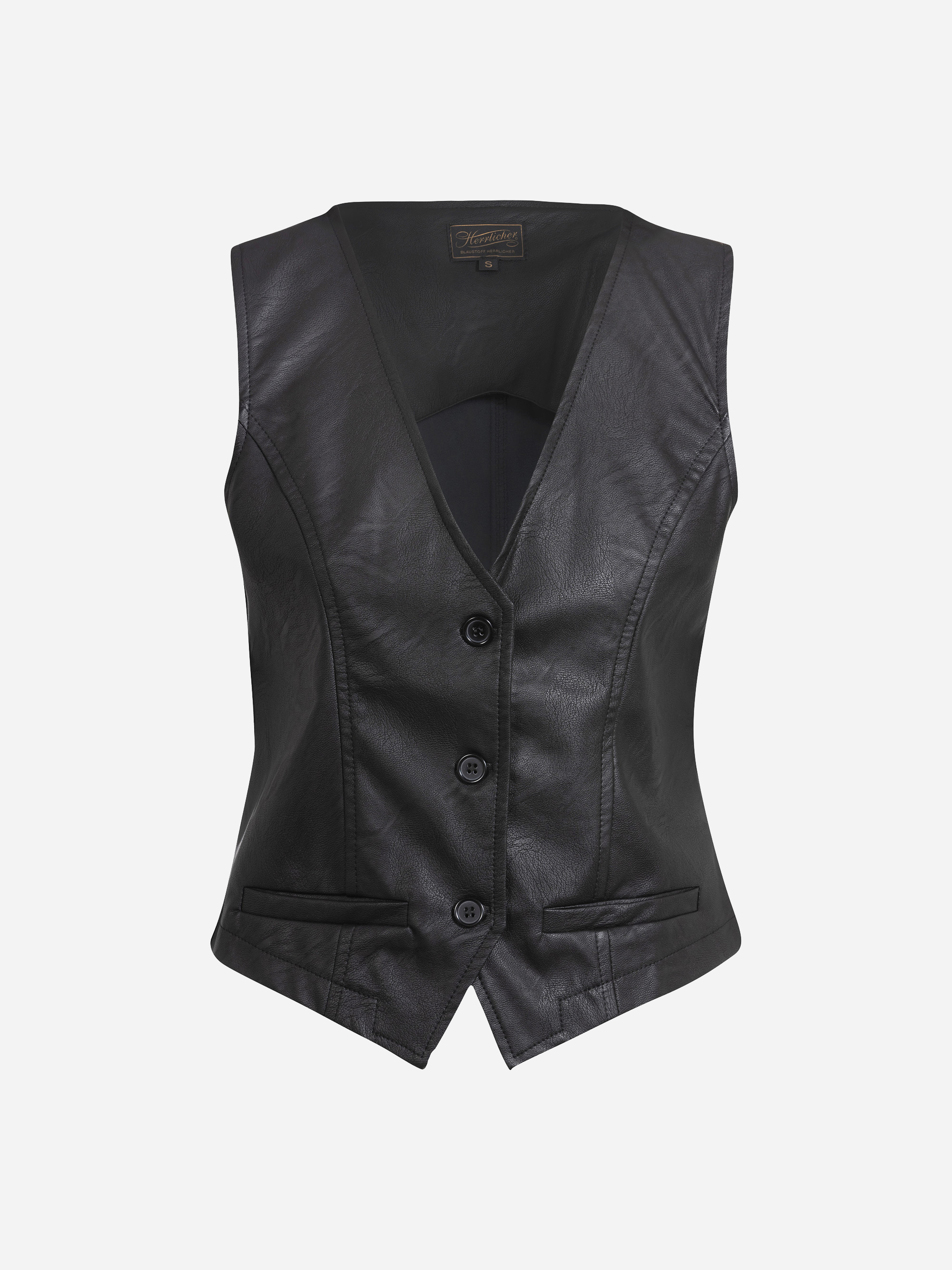 Eine schwarze, ärmellose Lederweste mit V-Ausschnitt, drei Knöpfen und zwei kleinen Taschen auf der Vorderseite, die vor einem schlichten weißen Hintergrund präsentiert wird.