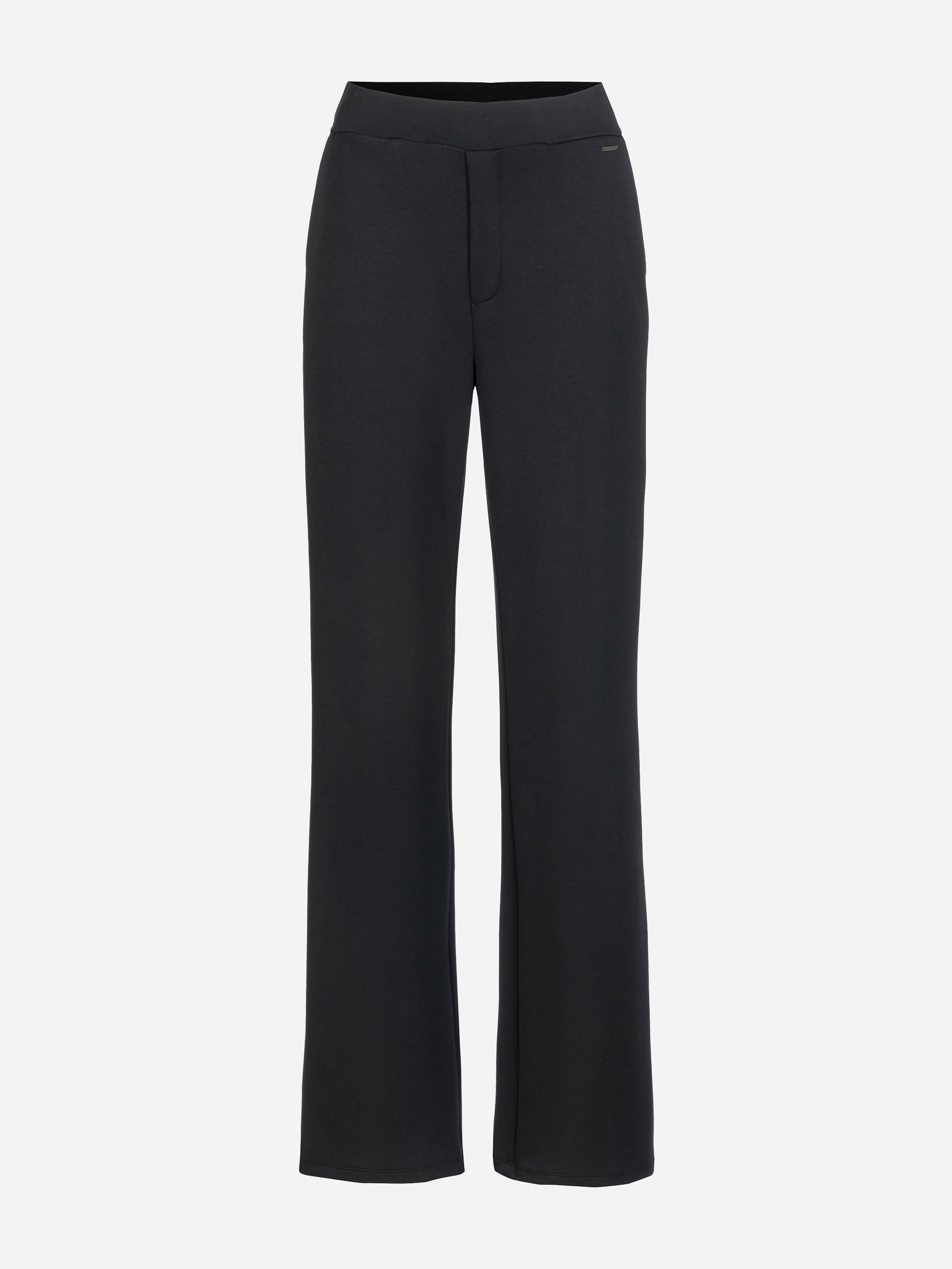 Schwarze Hose mit geradem Bein, glattem Bund, minimalen Details und taillierter Passform, die vor einem schlichten weißen Hintergrund präsentiert wird.