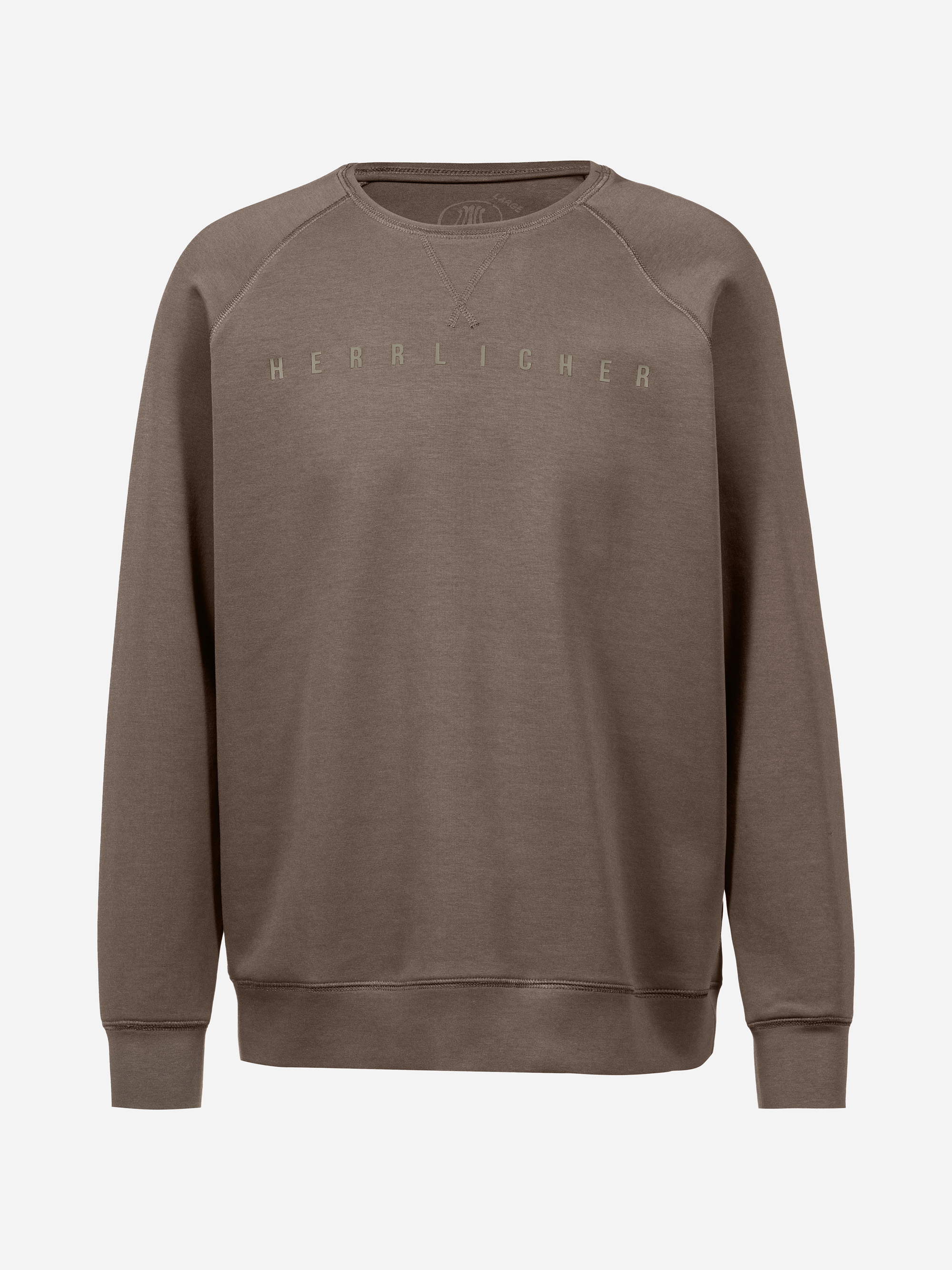 Braunes Sweatshirt mit Rundhalsausschnitt, langen Ärmeln und gerippten Bündchen und Saum. Das Wort HERRLICHER ist in Großbuchstaben quer über die Brust gedruckt. Der Hintergrund ist einfarbig weiß.