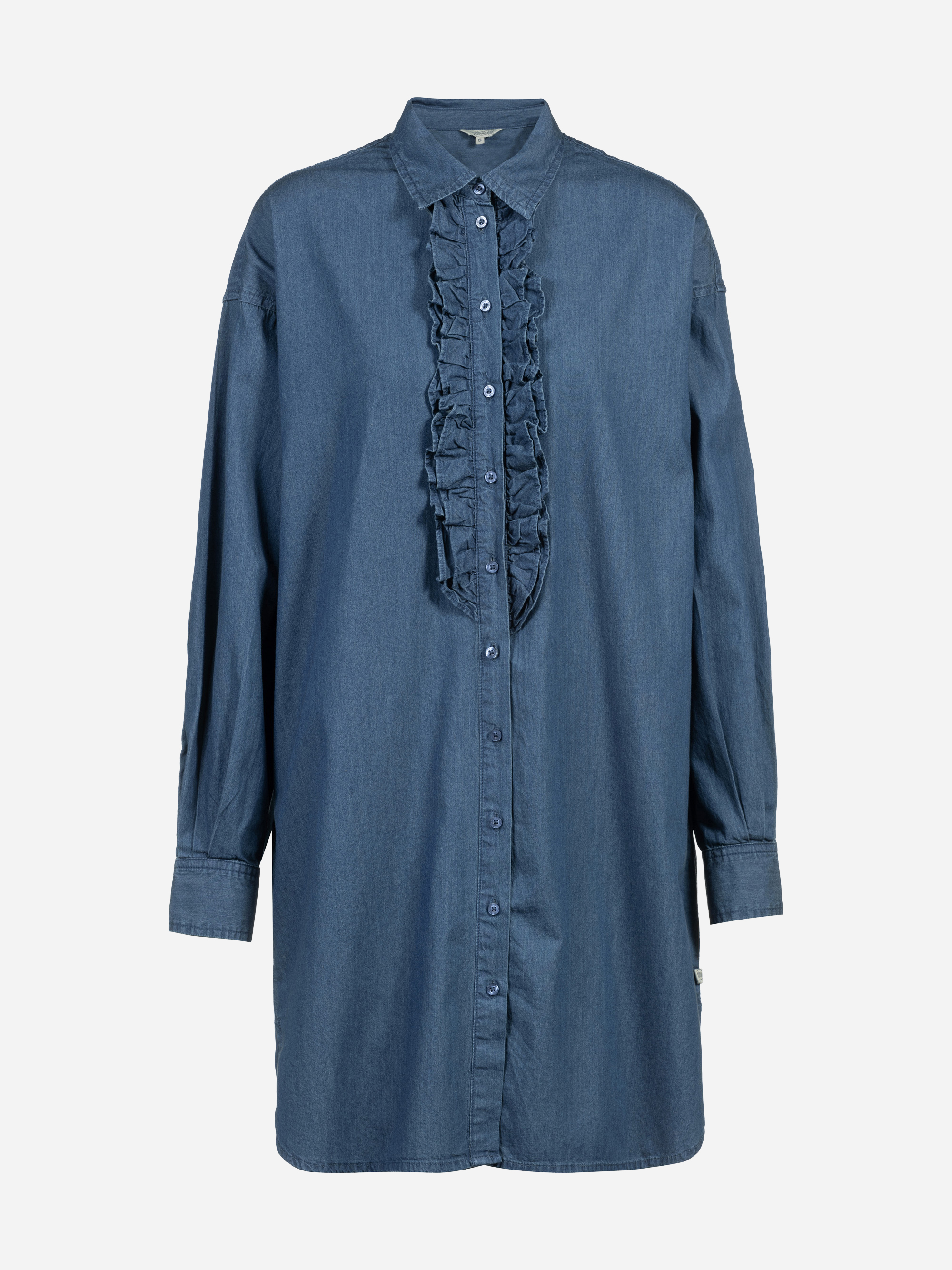 Langärmeliges Hemdblusenkleid aus Jeansstoff mit geknöpfter Vorderseite, Kragen und Rüschenverzierung in der vorderen Mitte.