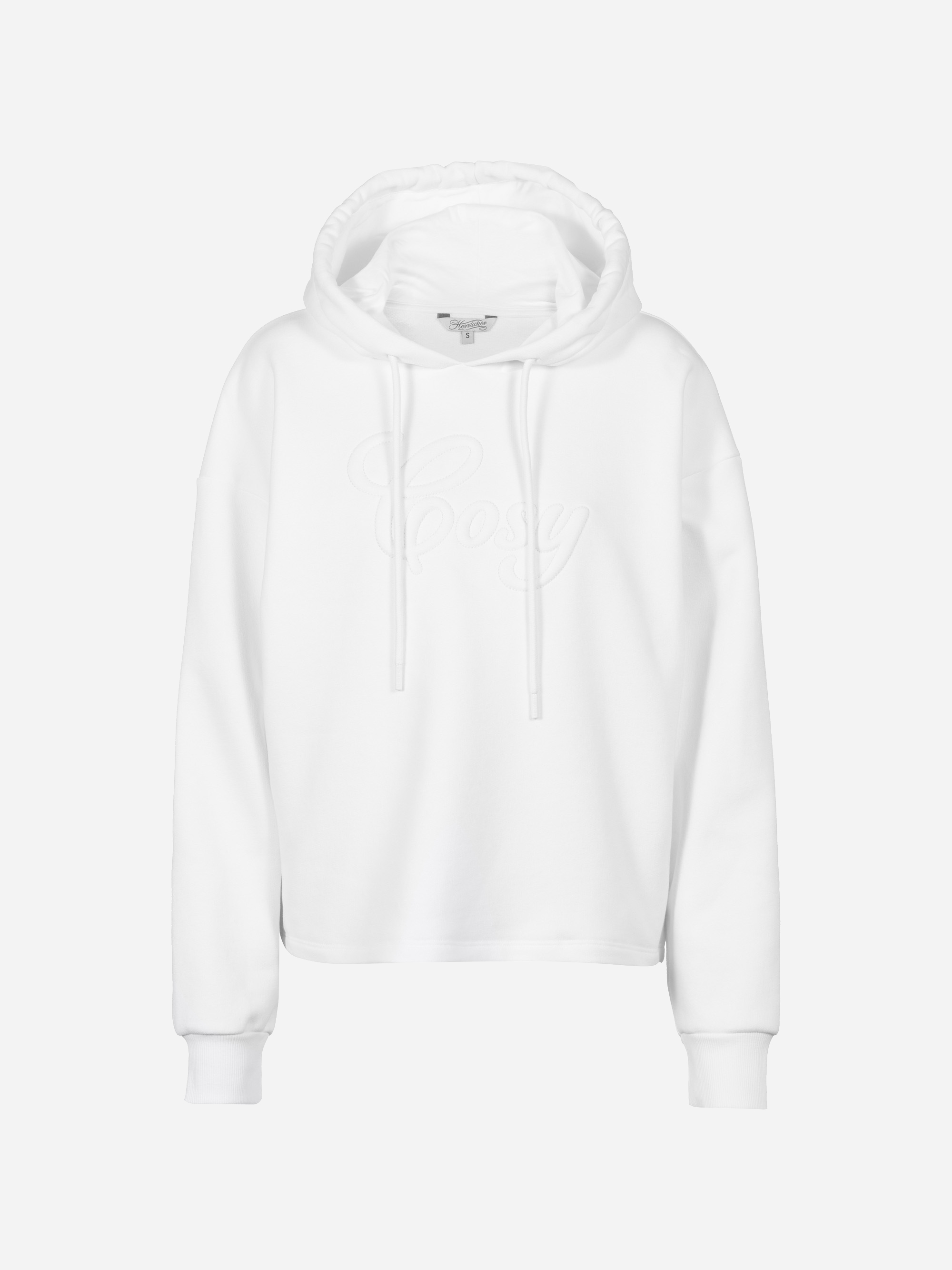 Ein schlichtes weißes Kapuzensweatshirt mit langen Ärmeln, Rippbündchen an Ärmeln und Saum, Kordelzug und dezenter Prägung auf der Vorderseite mit der Aufschrift Cosy auf einem schlichten weißen Hintergrund.